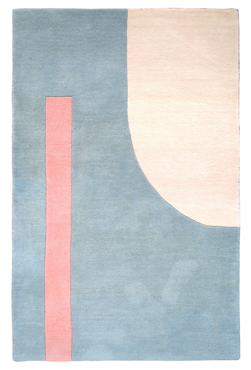 Pondicherry hand-tufted rug in 100% New Zealand wool, full overhead view: an ivory arch in one corner and an upright coral bar on a sea-glass blue field, Art Avenue, 4×6 ft