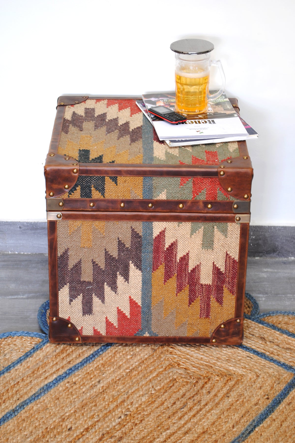 Amer kilim-top trunk by Art Avenue, handwoven kilim and leather — image 2 of 12