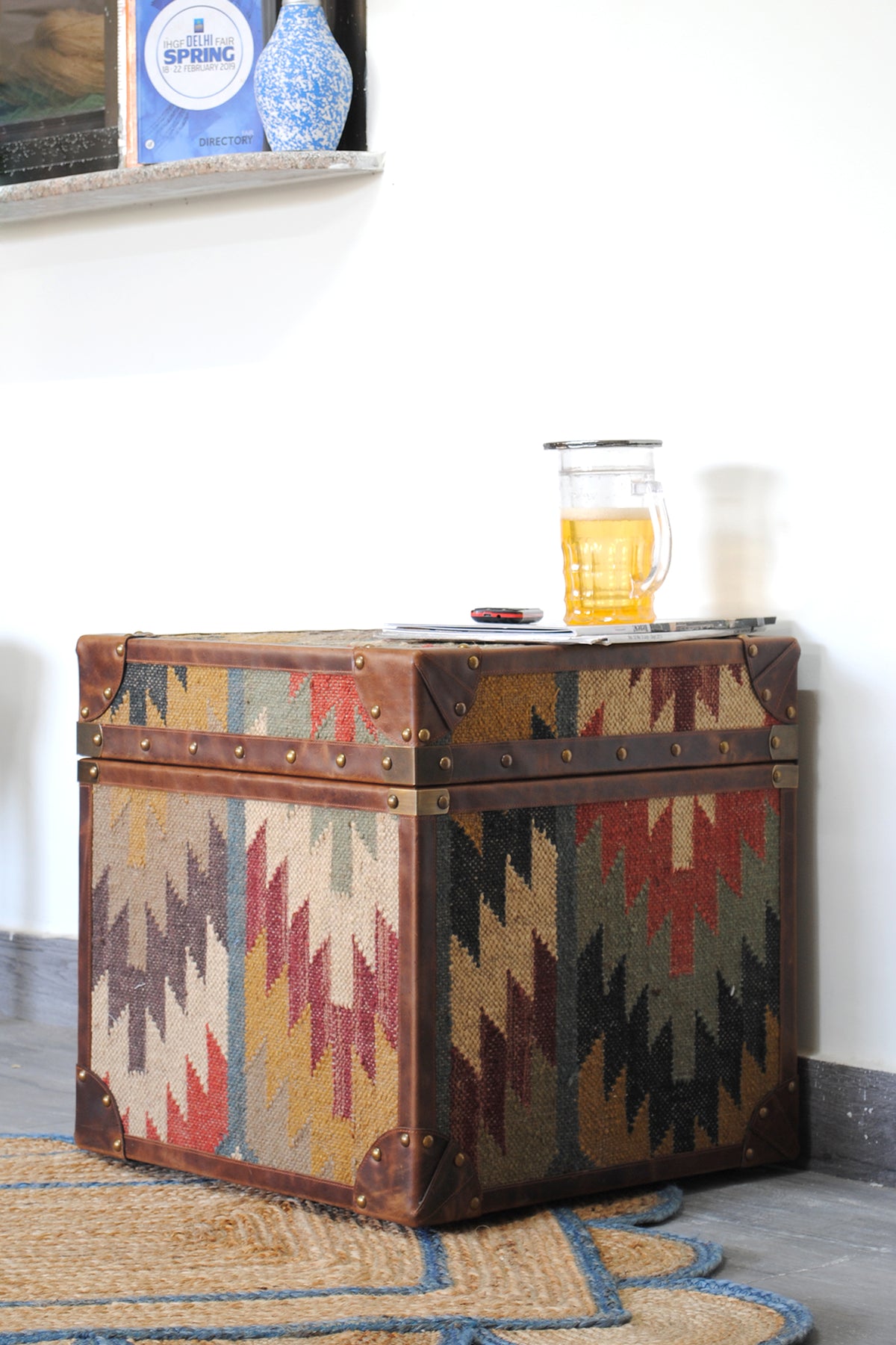 Amer kilim-top trunk by Art Avenue, handwoven kilim and leather — image 3 of 12
