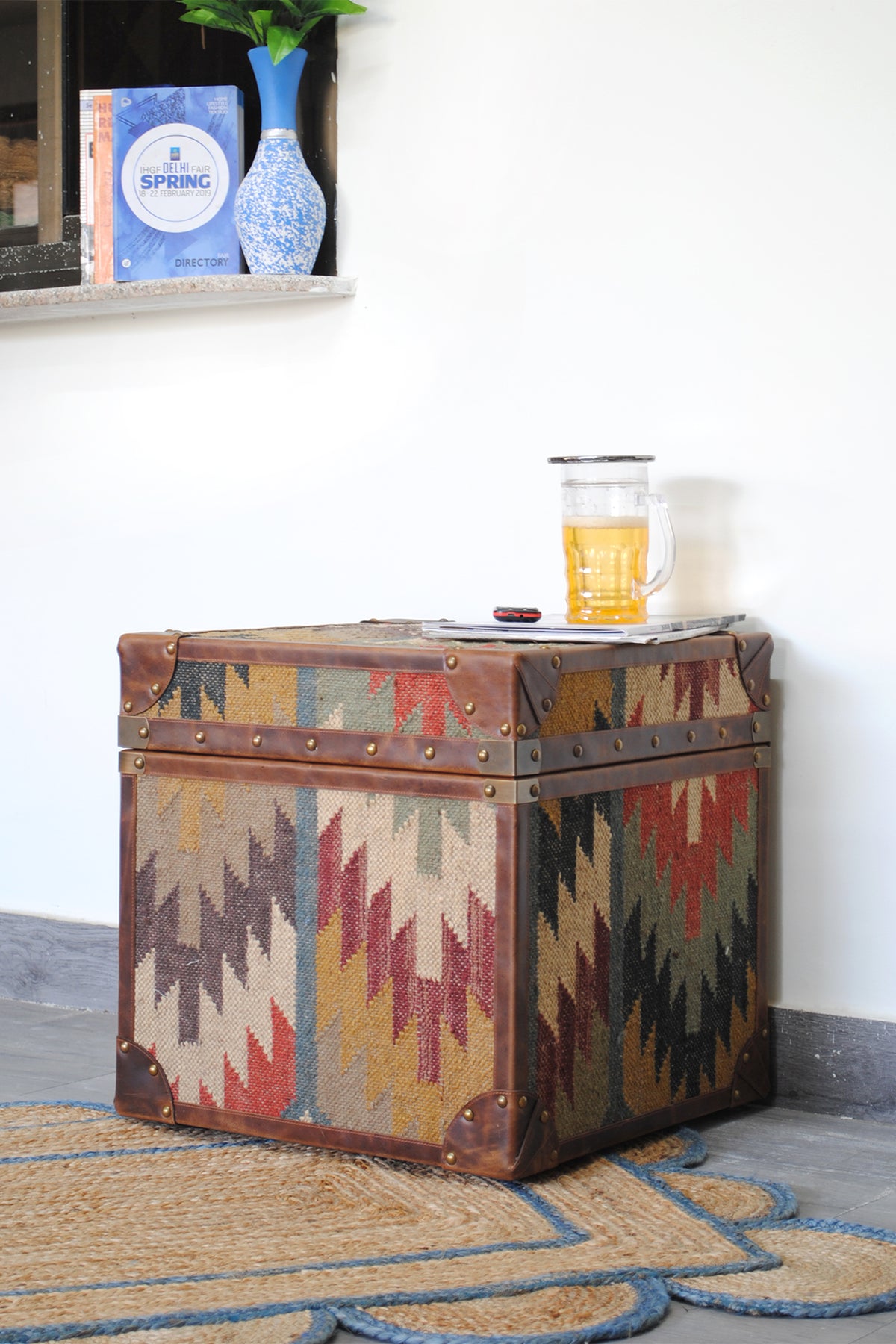Amer kilim-top trunk by Art Avenue, handwoven kilim and leather — image 4 of 12