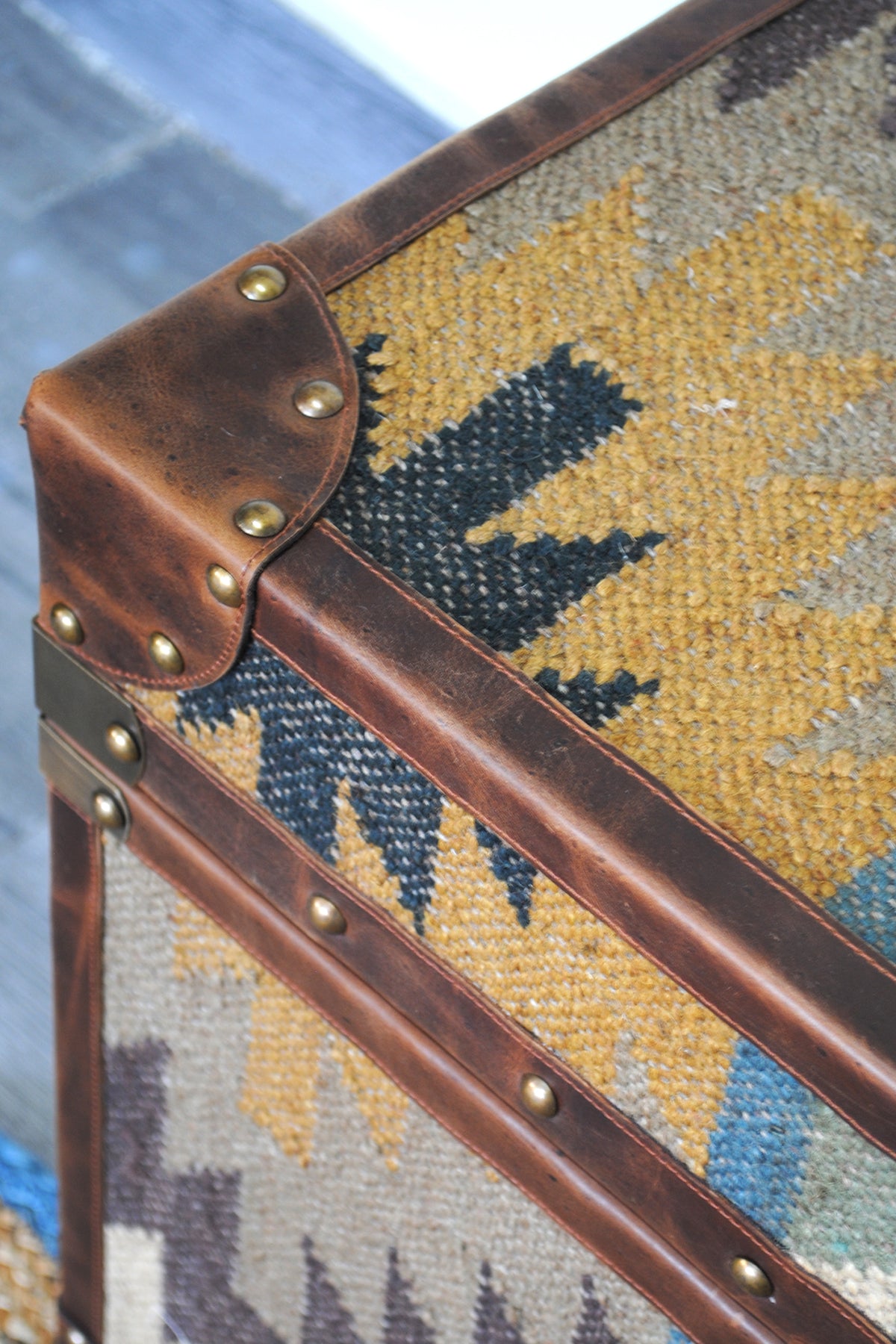 Amer kilim-top trunk by Art Avenue, handwoven kilim and leather — image 5 of 12