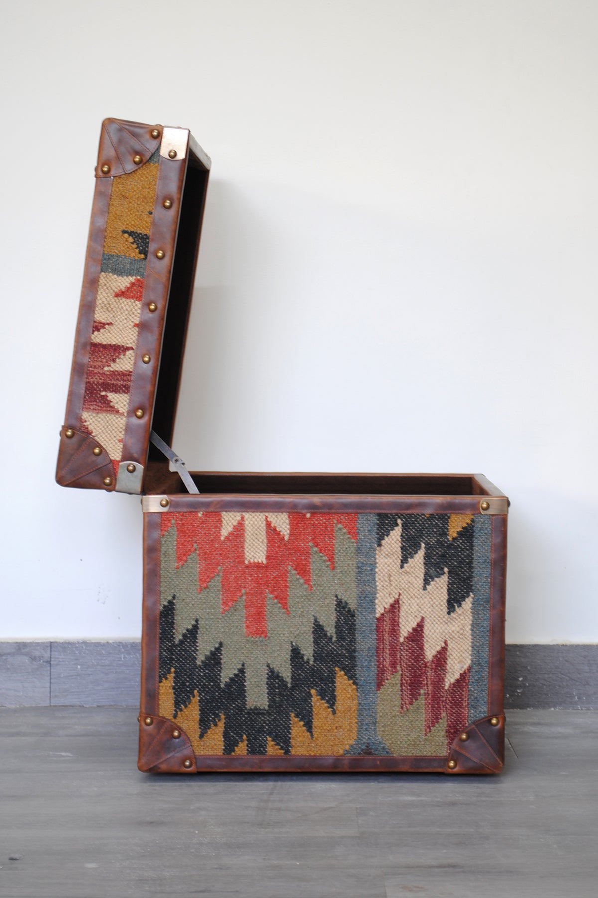 Amer kilim-top trunk by Art Avenue, handwoven kilim and leather — image 10 of 12