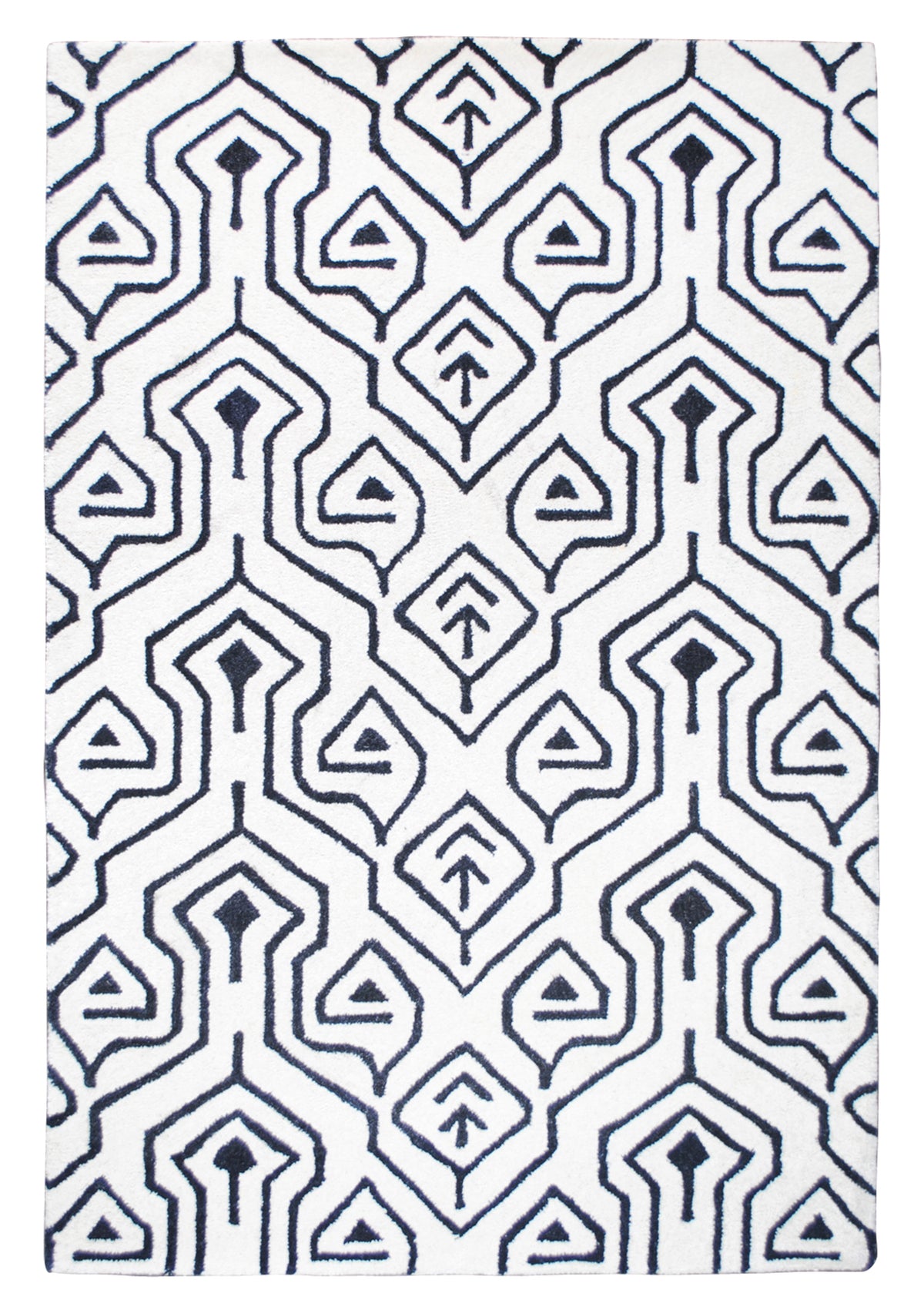 Chettinad hand-tufted rug in 100% New Zealand wool, full overhead view: a black lattice of keyhole arches, pointed leaves and arrow-filled diamonds drawn on an ivory ground, Art Avenue, 4×6 ft