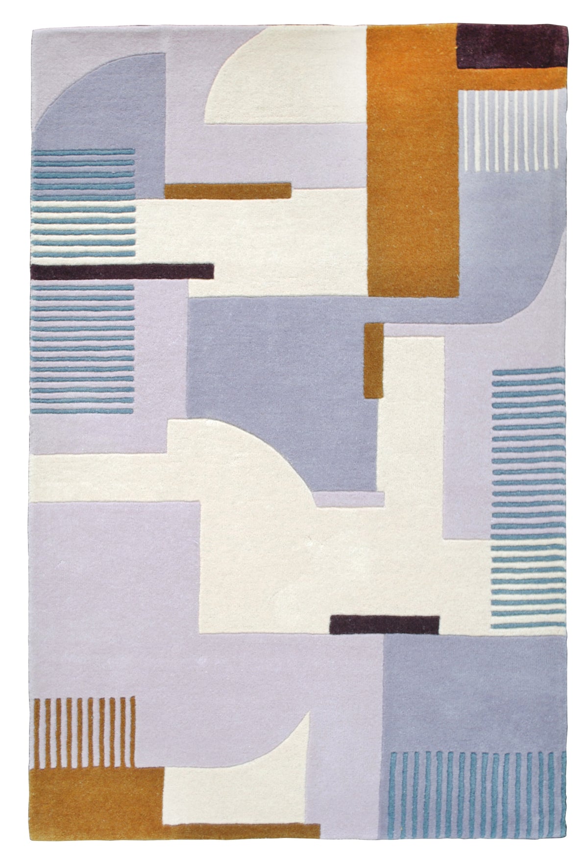 Mumbai hand-tufted rug in 100% New Zealand wool, full overhead view: Art Deco blocks and quarter-circle arcs in lilac, lavender grey and ivory, with bars of ochre and aubergine and bands of carved teal stripes, Art Avenue, 4×6 ft
