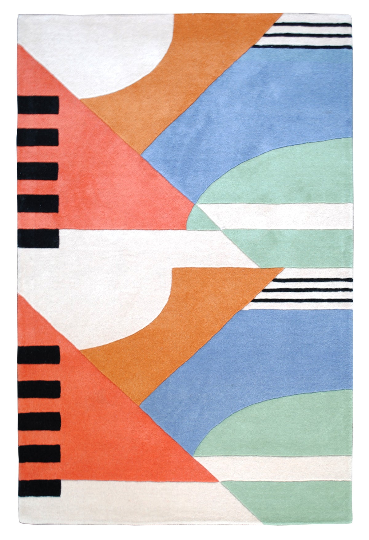 Goa hand-tufted rug in 100% New Zealand wool, full overhead view: coral triangles, burnt orange and sky-blue fields, mint arcs and black-barred edges on ivory, Art Avenue, 4×6 ft
