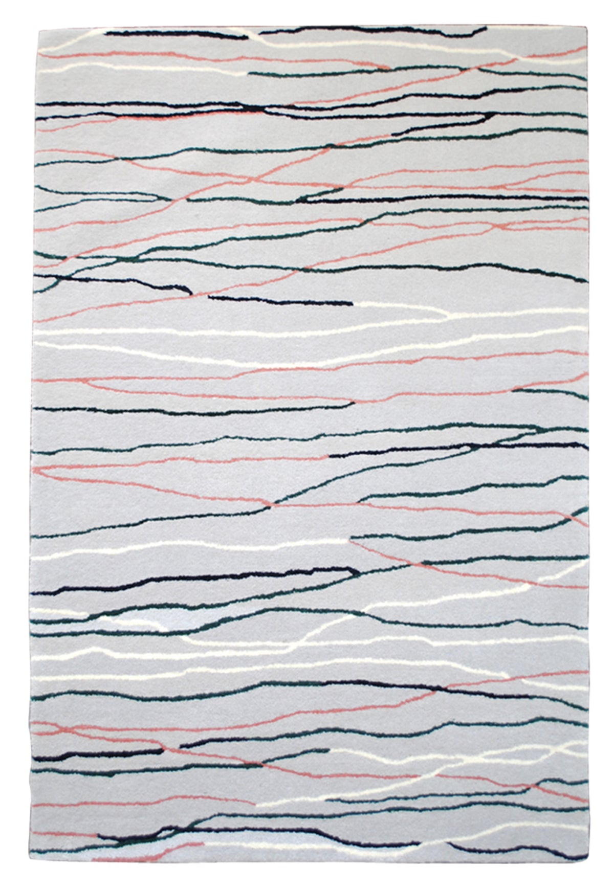 Chilika hand-tufted rug in 100% New Zealand wool, full view: freehand lines of dusty rose, bottle green, navy and ivory across a dove-grey field, Art Avenue, 4×6 ft