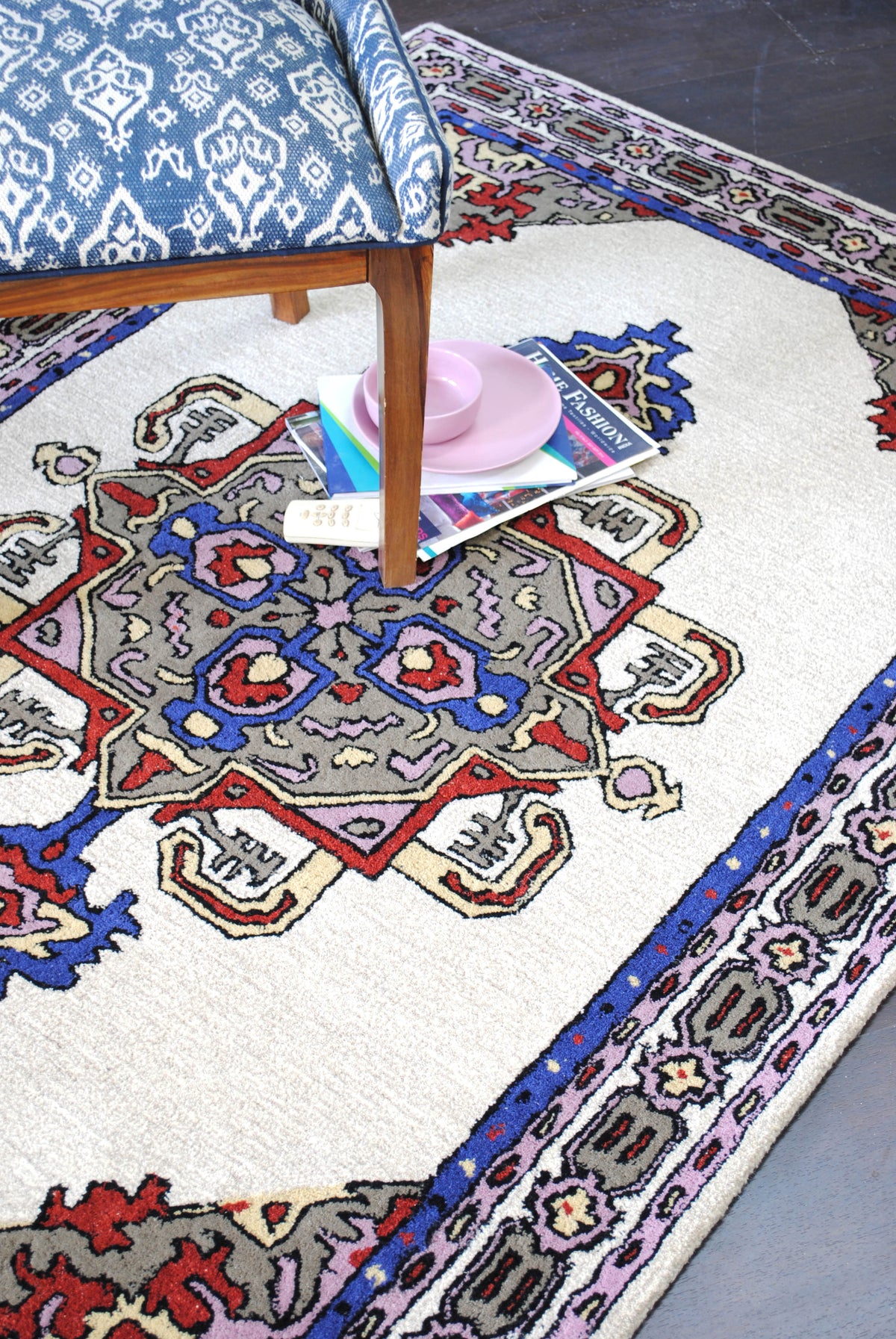 Ajmer hand-tufted wool rug with ivory, cobalt and lilac medallion