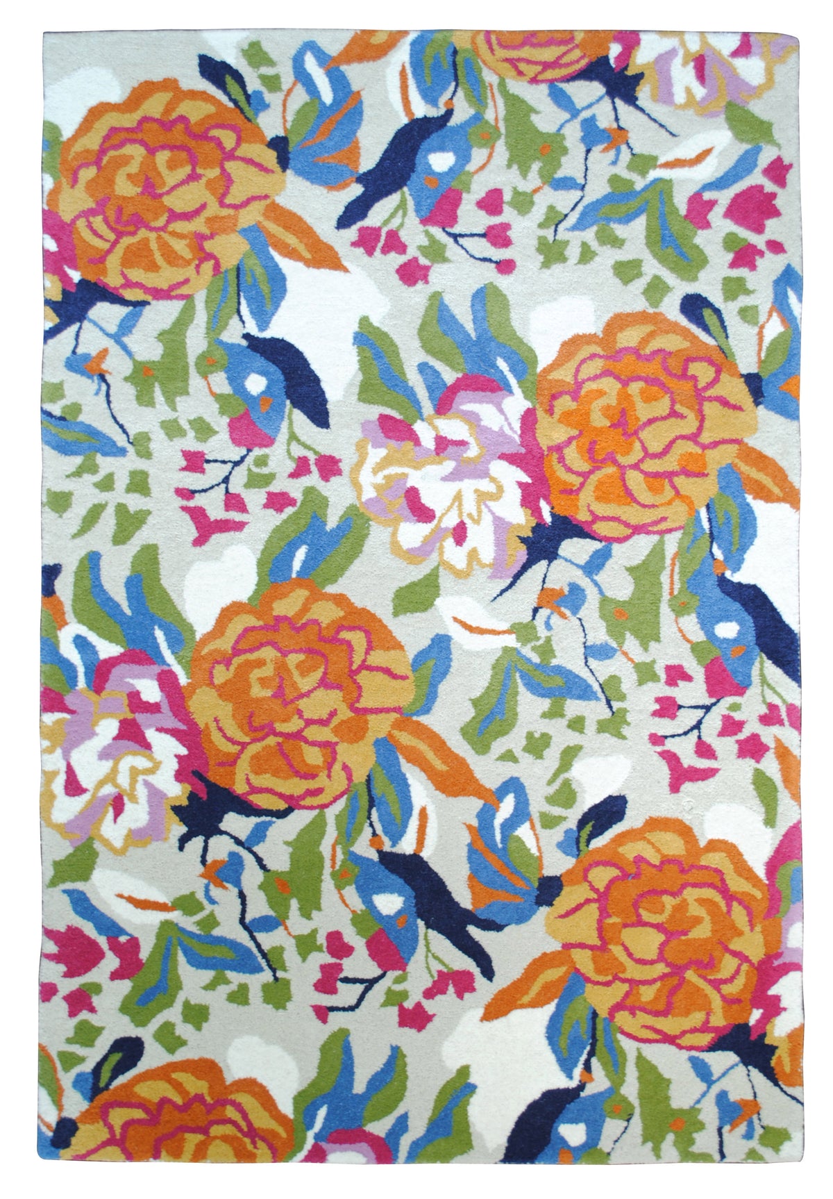 Ooty multicolour floral wool rug, full overhead view: orange, marigold, fuchsia, cornflower blue and navy on a pale grey field