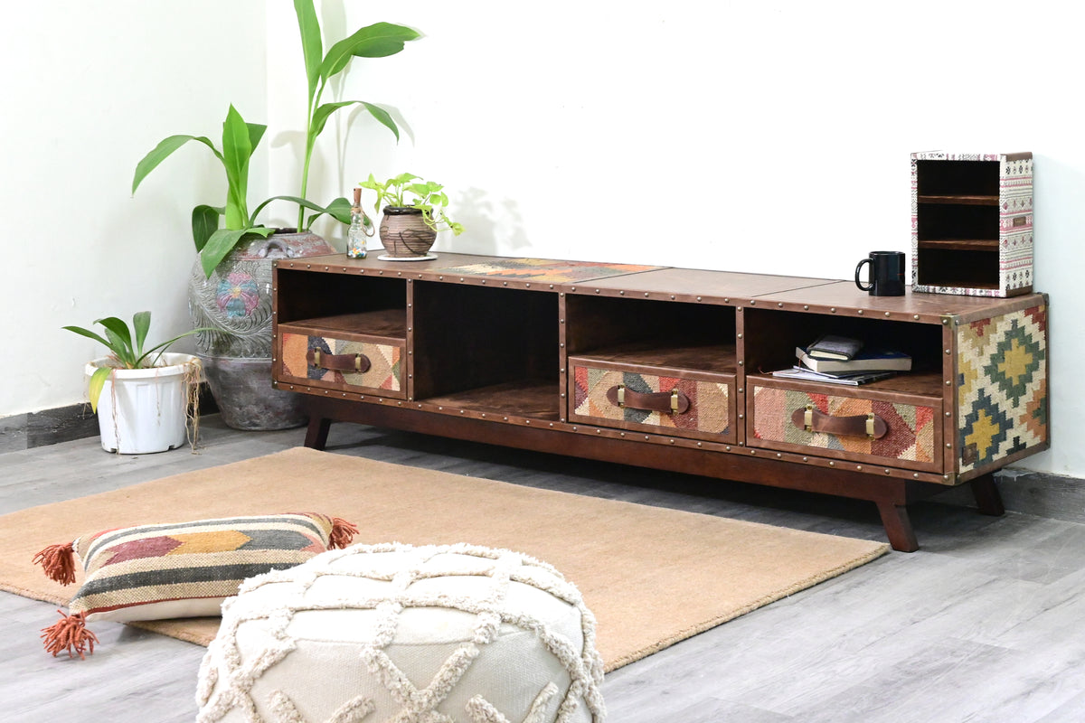 Ranakpur 200 cm kilim and leather TV unit at a three-quarter angle, kilim flank panel, kilim top inset and three kilim-fronted drawers