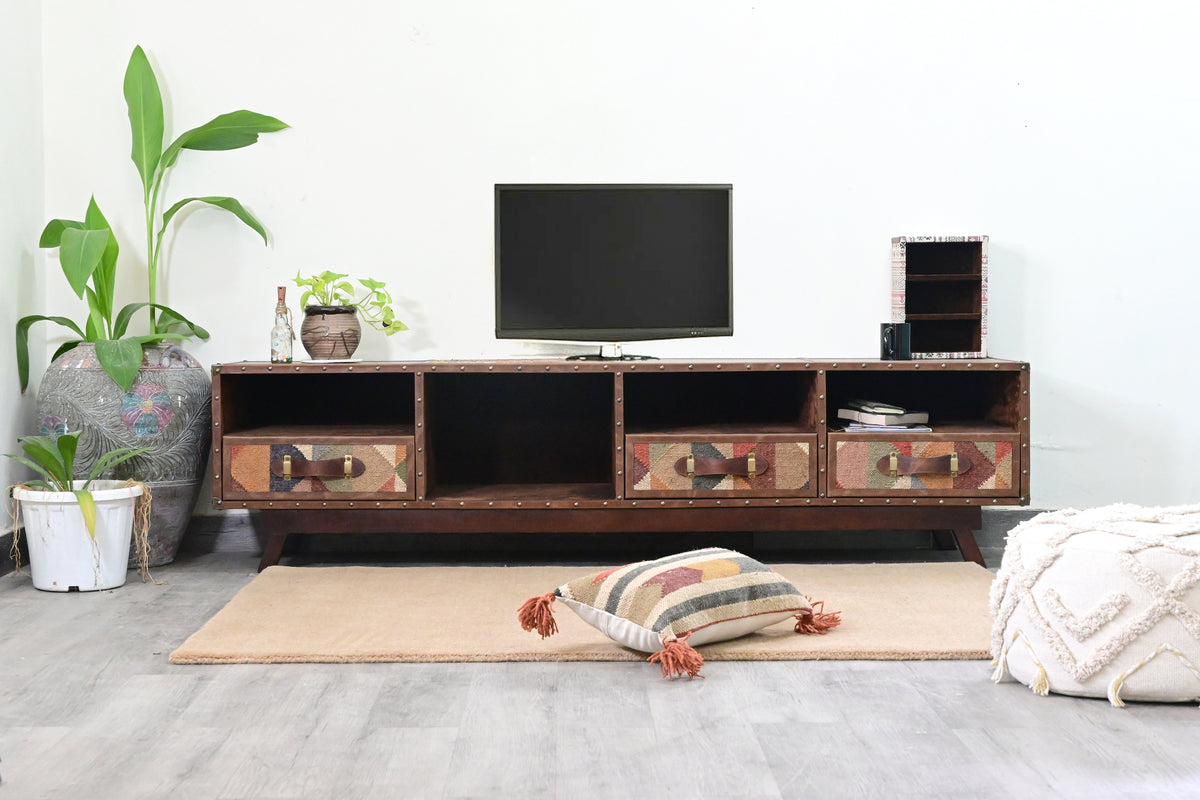 Ranakpur TV unit styled front-on with a television, plants and floor cushions, showing its four open bays