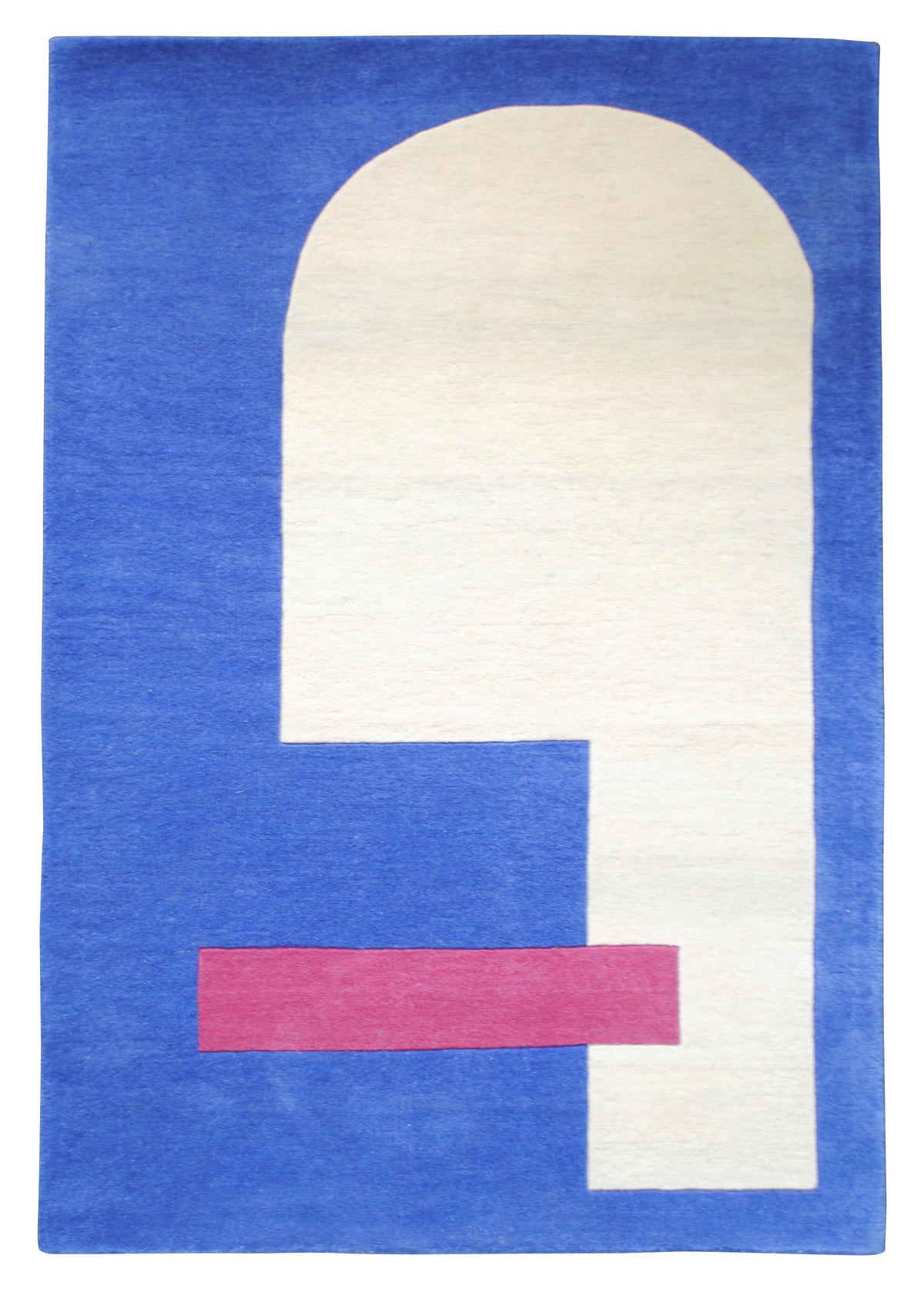 Mahe hand-tufted wool rug, cobalt blue with ivory arch and raspberry bar, full view