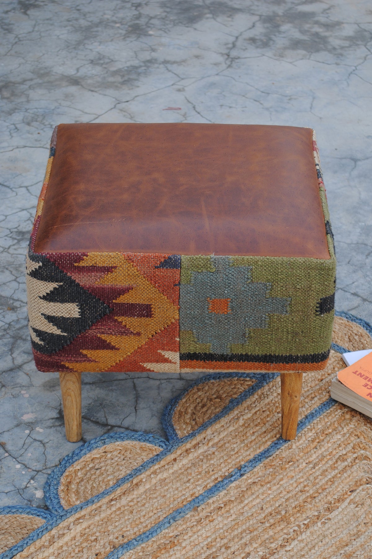 Raipur ottoman in handwoven kilim and leather by Art Avenue — image 2 of 7