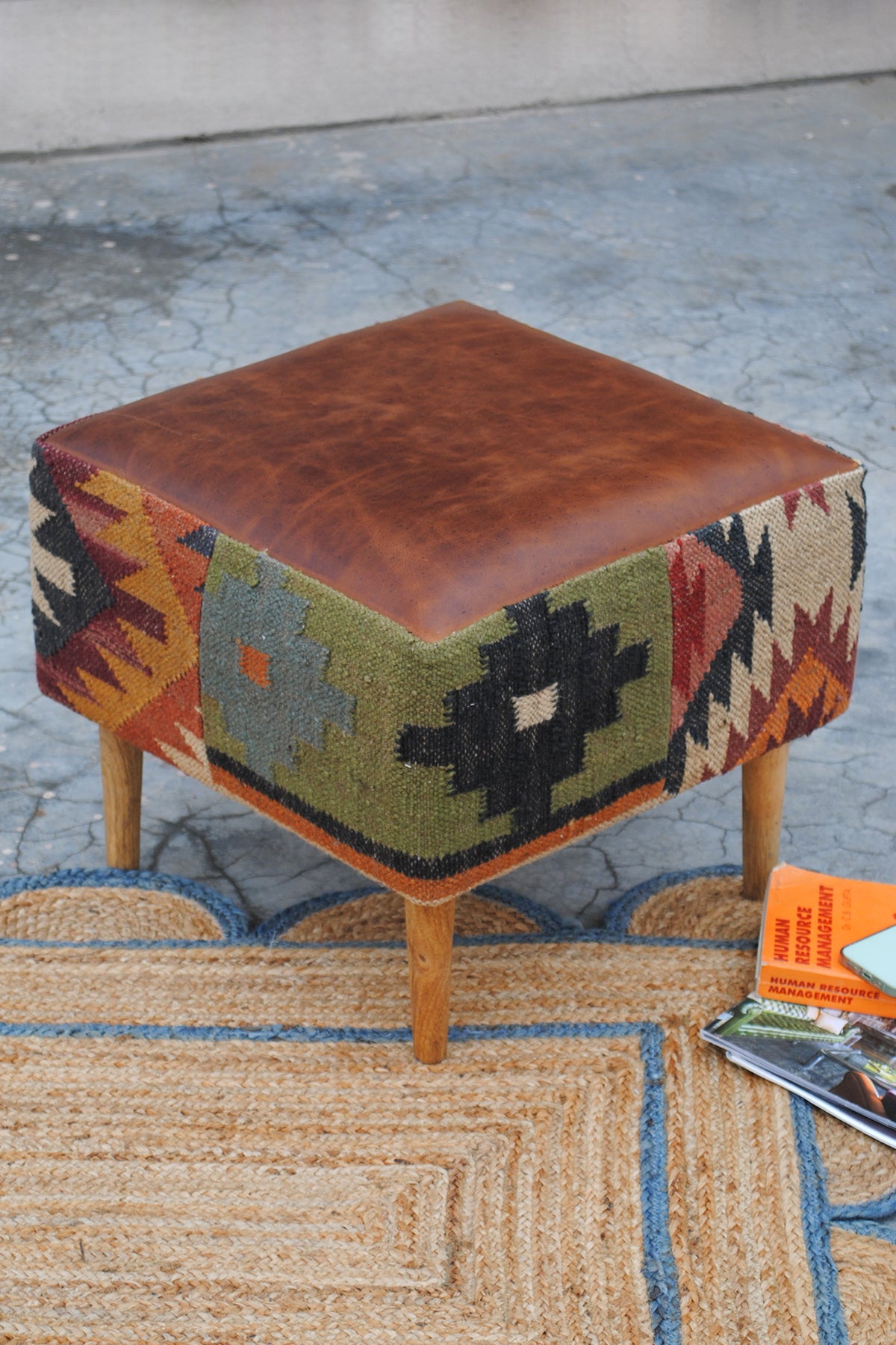 Raipur ottoman in handwoven kilim and leather by Art Avenue — image 3 of 7