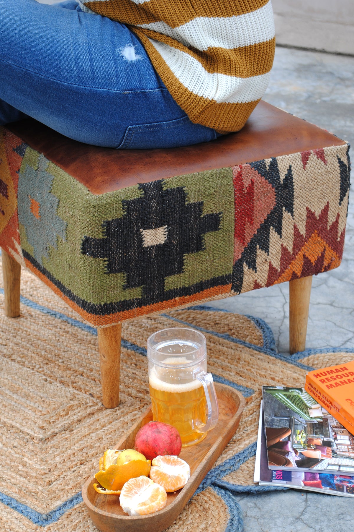 Raipur ottoman in handwoven kilim and leather by Art Avenue — image 7 of 7
