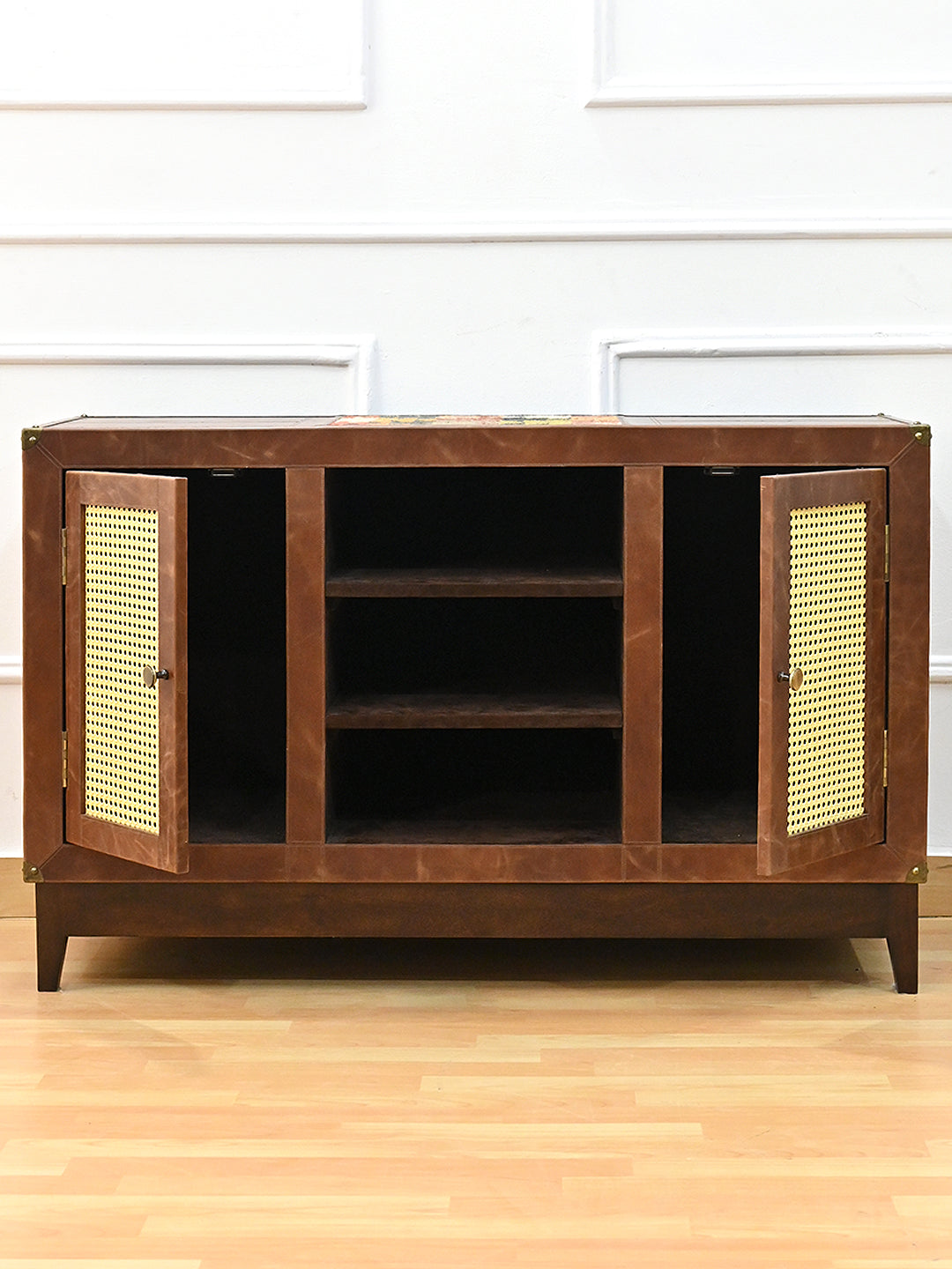 Fatehpur sideboard front with both cane doors open and suede-lined cupboards, Art Avenue, made to order