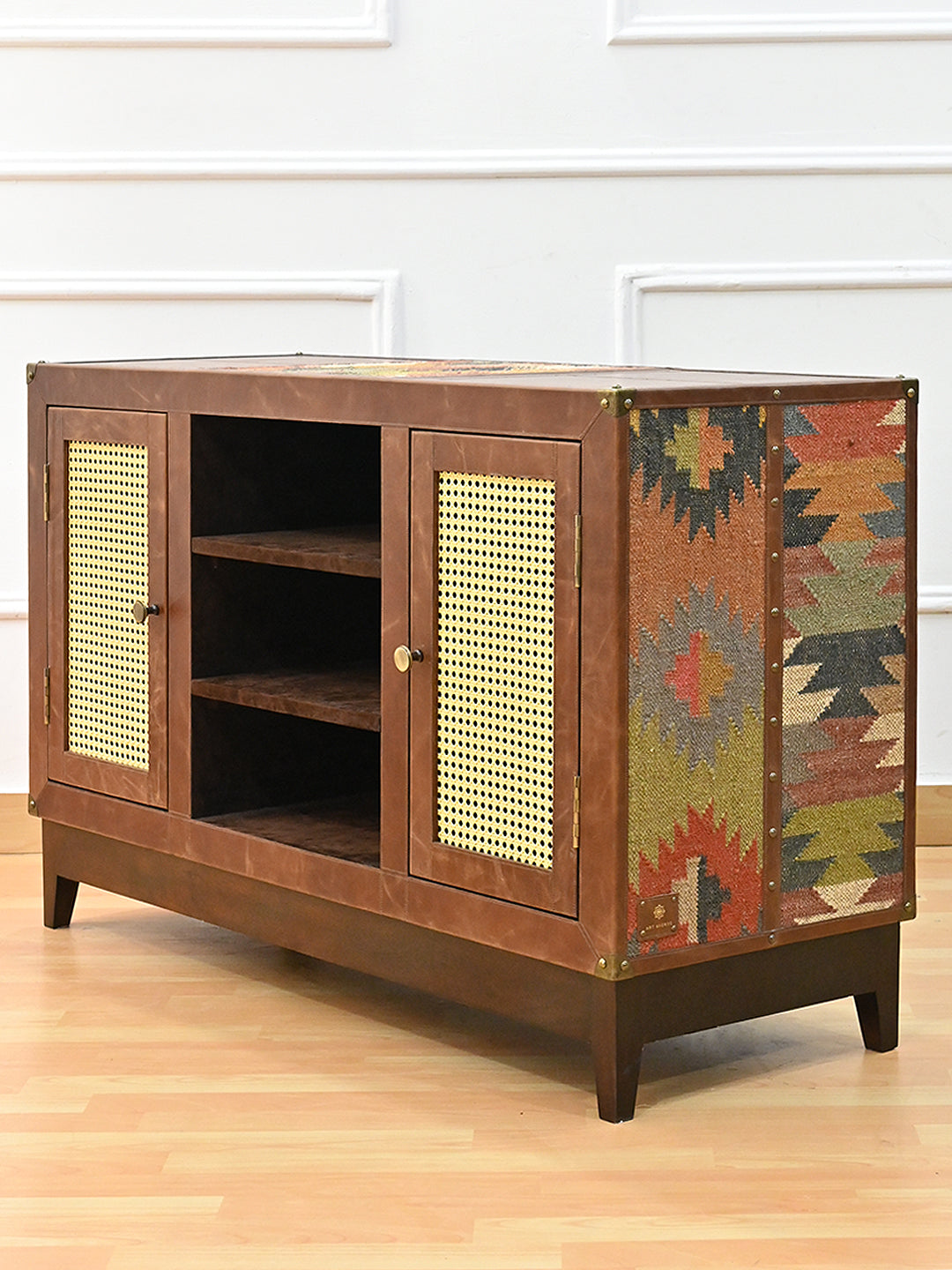 Fatehpur sideboard three-quarter with cane doors open and kilim side panel, Art Avenue, made to order