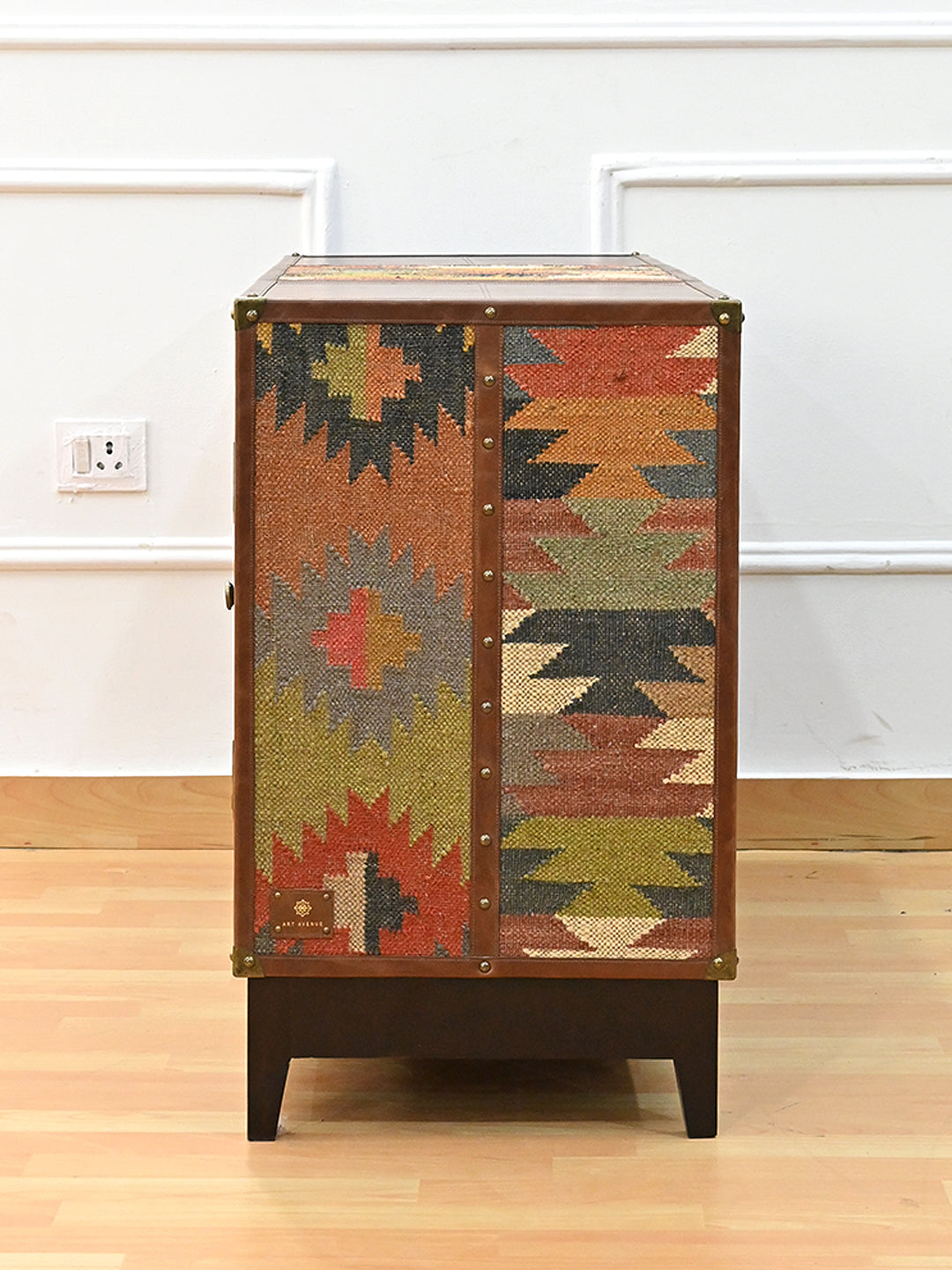 Fatehpur sideboard end elevation in full-height vintage kilim, Art Avenue, made to order