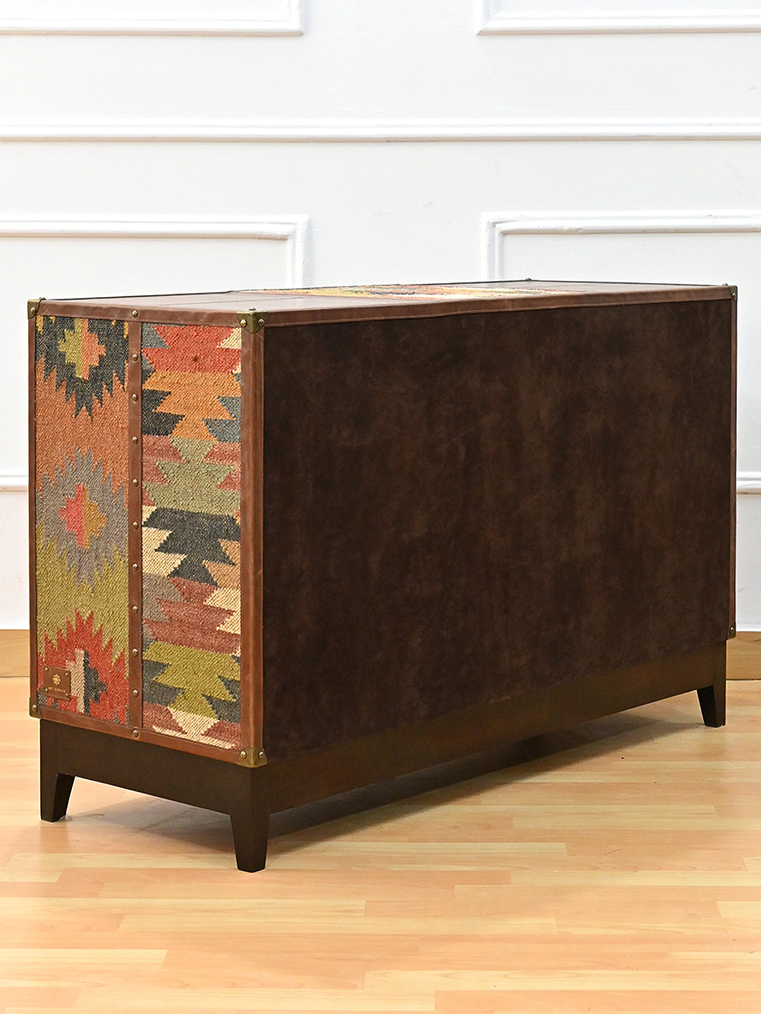 Fatehpur sideboard rear three-quarter showing kilim flank and suede back, Art Avenue, made to order