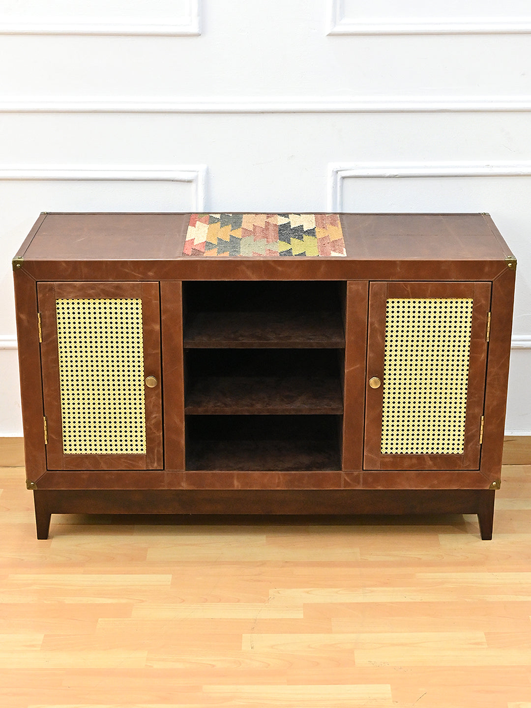 Fatehpur sideboard front elevation with the vintage kilim inset in the leather top, Art Avenue, made to order