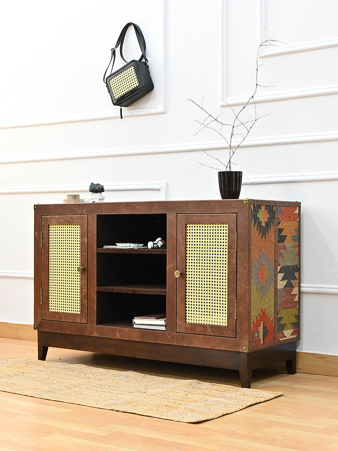 Fatehpur sideboard at three-quarter angle showing vintage kilim flank, Art Avenue, made to order