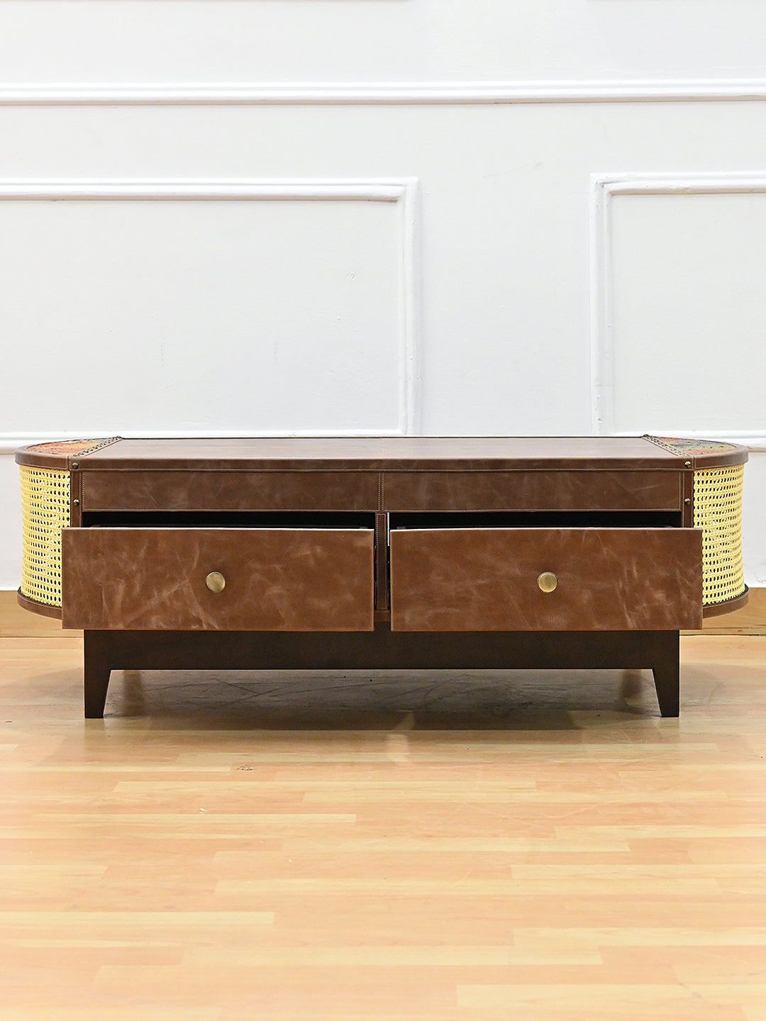 Bisalpur coffee table with two leather drawers pulled open on the front face