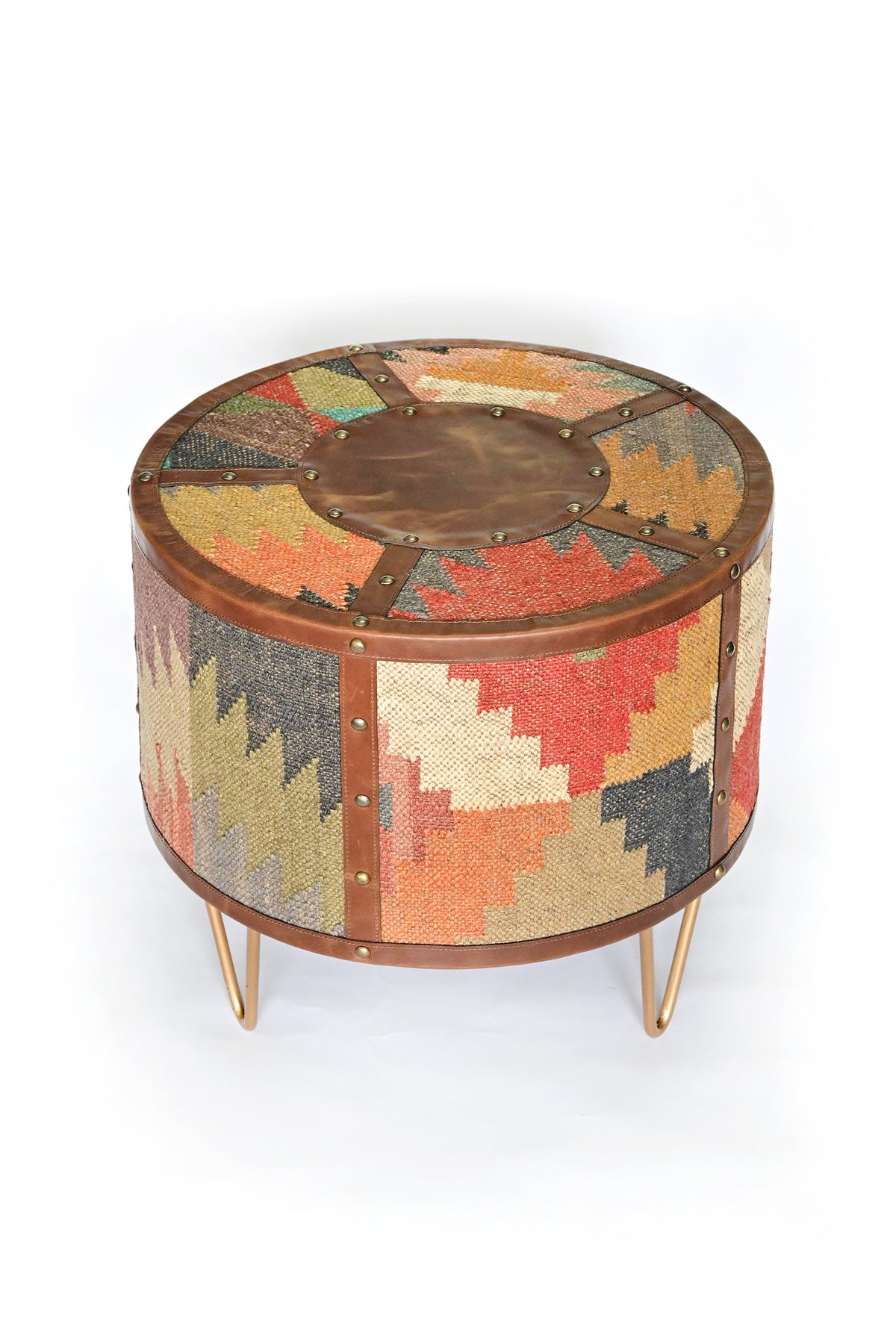 Alwar kilim and leather drum side table on hairpin legs, three-quarter view — Art Avenue, made to order