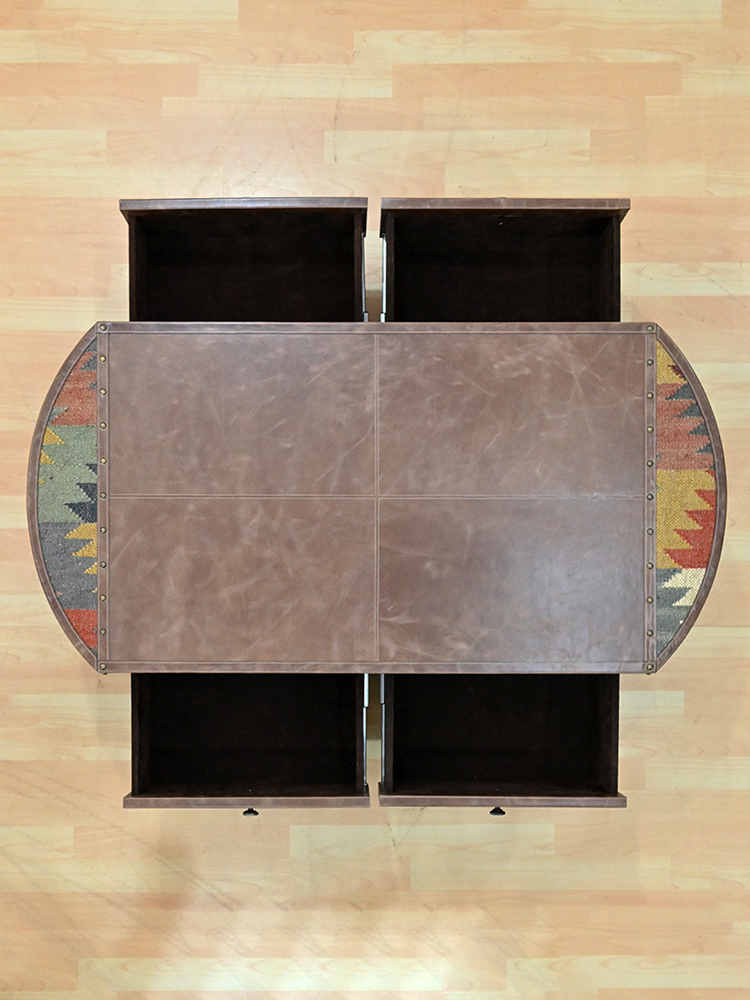 Top view of the Bisalpur coffee table with all four drawers open, two in each long face
