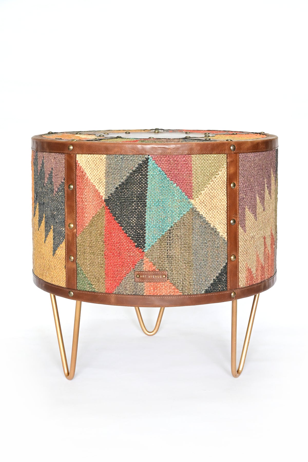 Alwar kilim side table front view with geometric kilim panel and Art Avenue leather tag