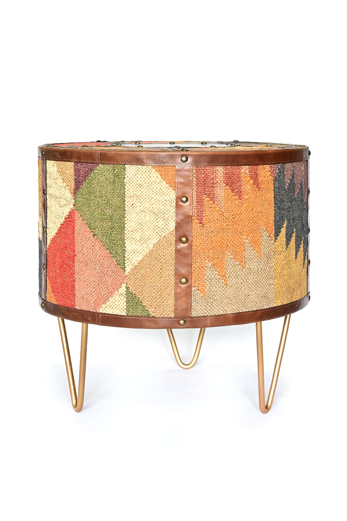 Alwar kilim side table: every kilim panel is cut from a different rug, so no two tables match