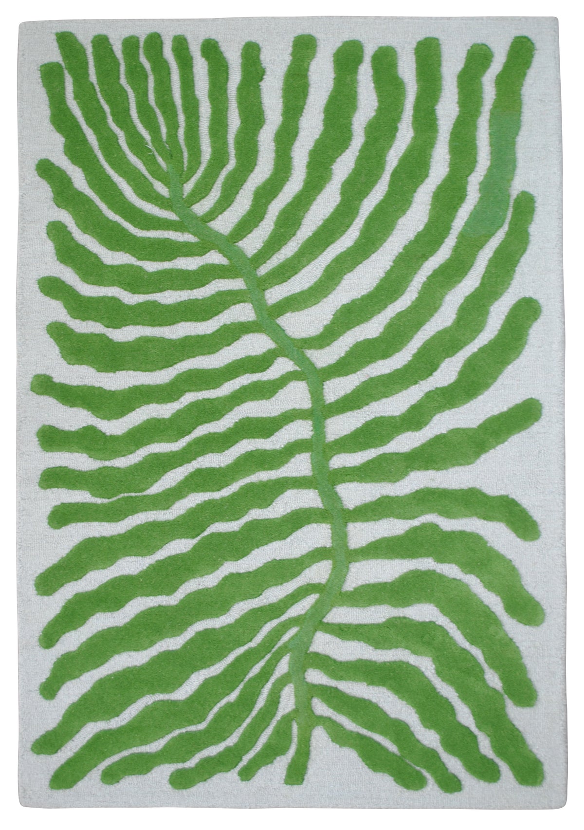 Munnar hand-tufted wool rug from above: one oversized green leaf with wavy fronds on a pale mint ground, no border