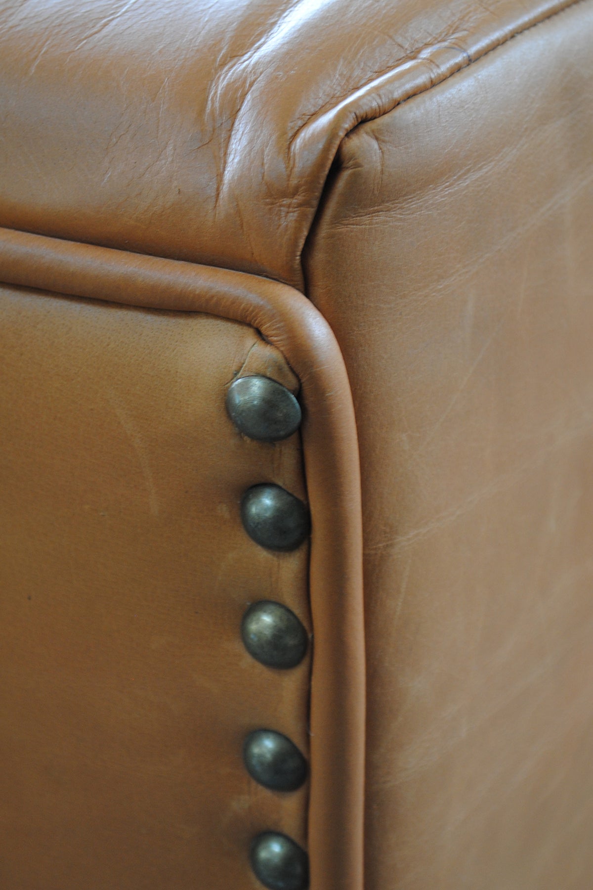 Close-up of the antique brass nailheads and leather piping on the Santiago sofa