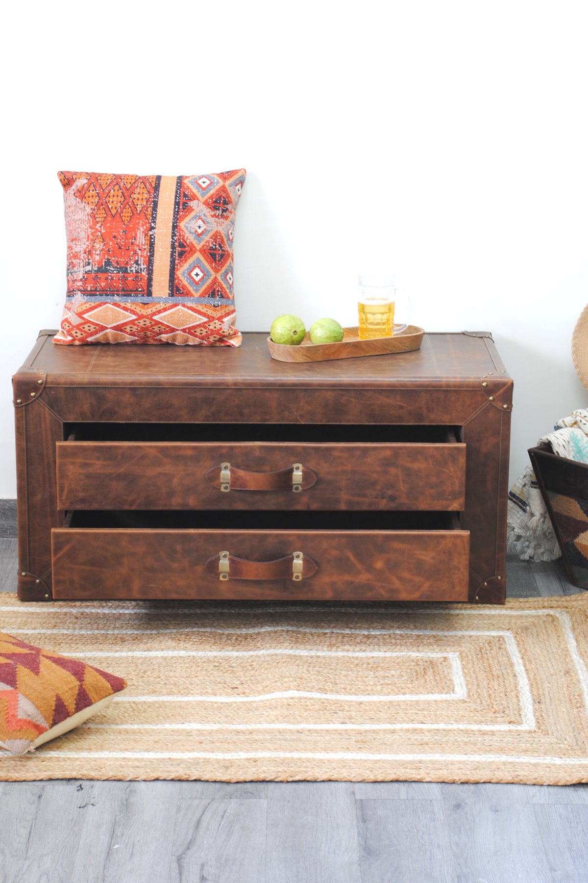 Deogarh leather drawer trunk with both drawers pulled open, showing depth and concealed runners