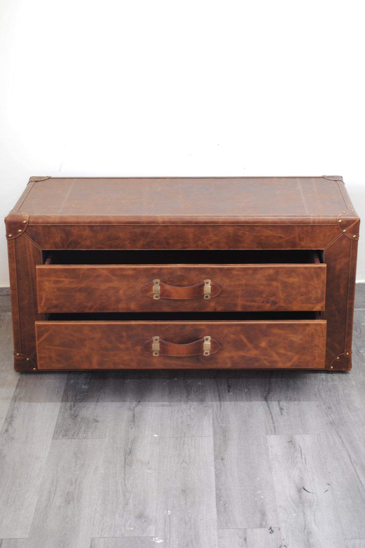 Deogarh leather drawer trunk with both drawers open, front elevation