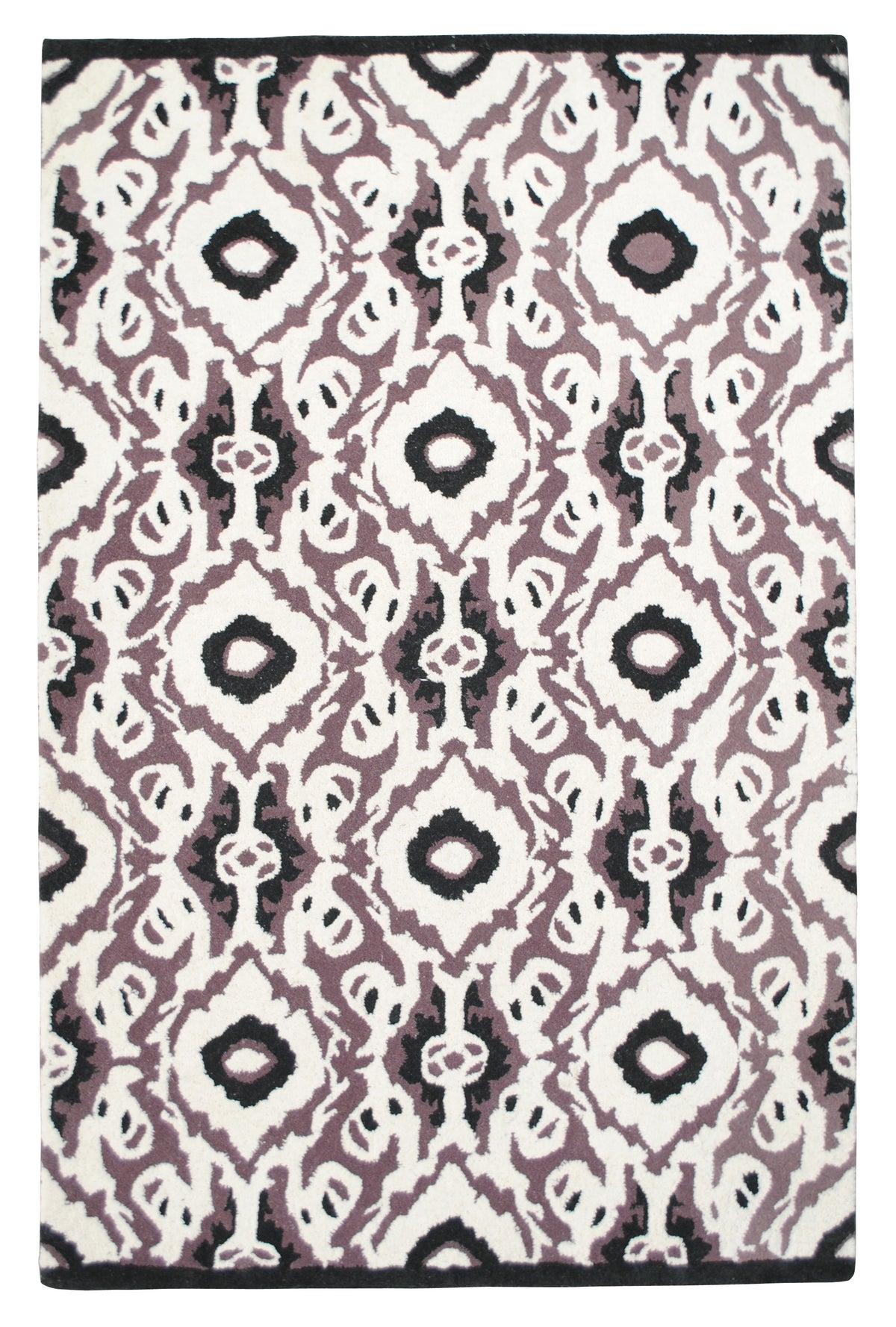 Patan hand-tufted wool rug from above: aubergine and black ikat diamonds on an ivory ground with a black edge