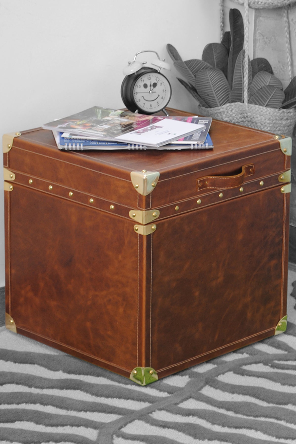 Cordoba Leather Cube Trunk in colour against a black and white room