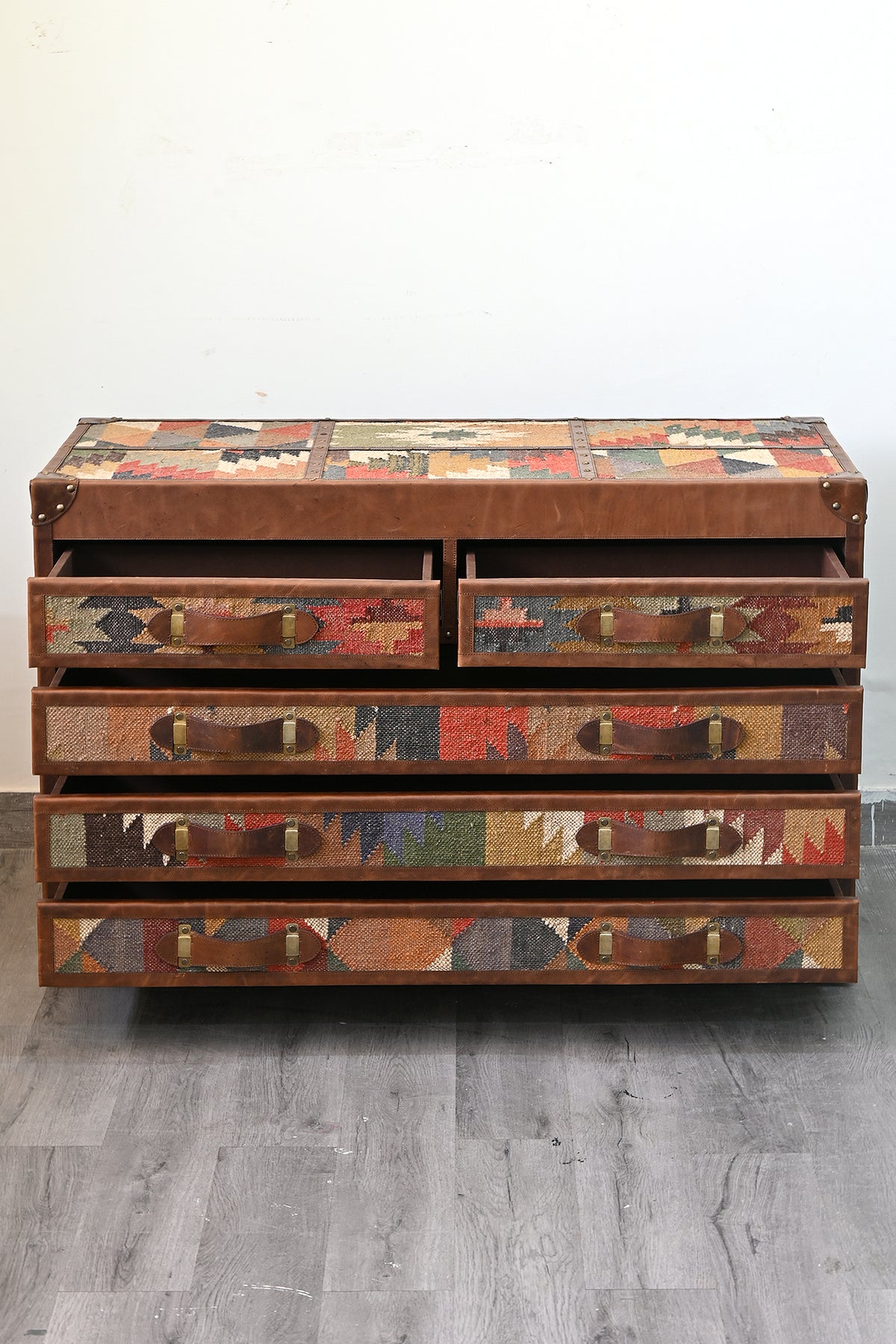Chittor kilim chest of drawers with the drawers opened to show the interiors