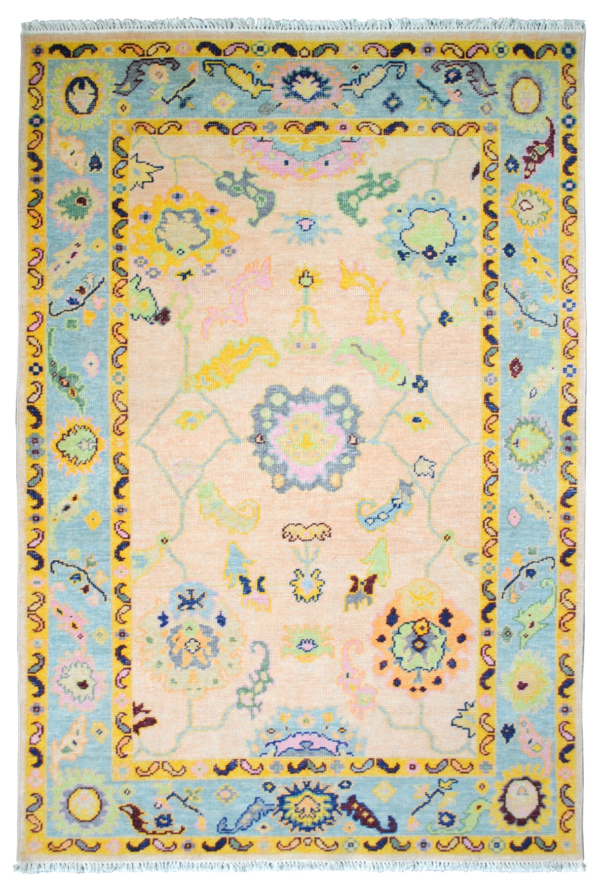 Mysore Hand-Knotted Rug, Oushak medallion and palmettes on an apricot field with aqua and saffron borders, 100% New Zealand wool — Art Avenue, made to order