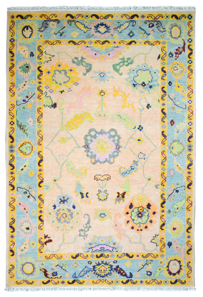 Mysore Hand-Knotted Rug, Oushak medallion and palmettes on an apricot field with aqua and saffron borders, 100% New Zealand wool — Art Avenue, made to order