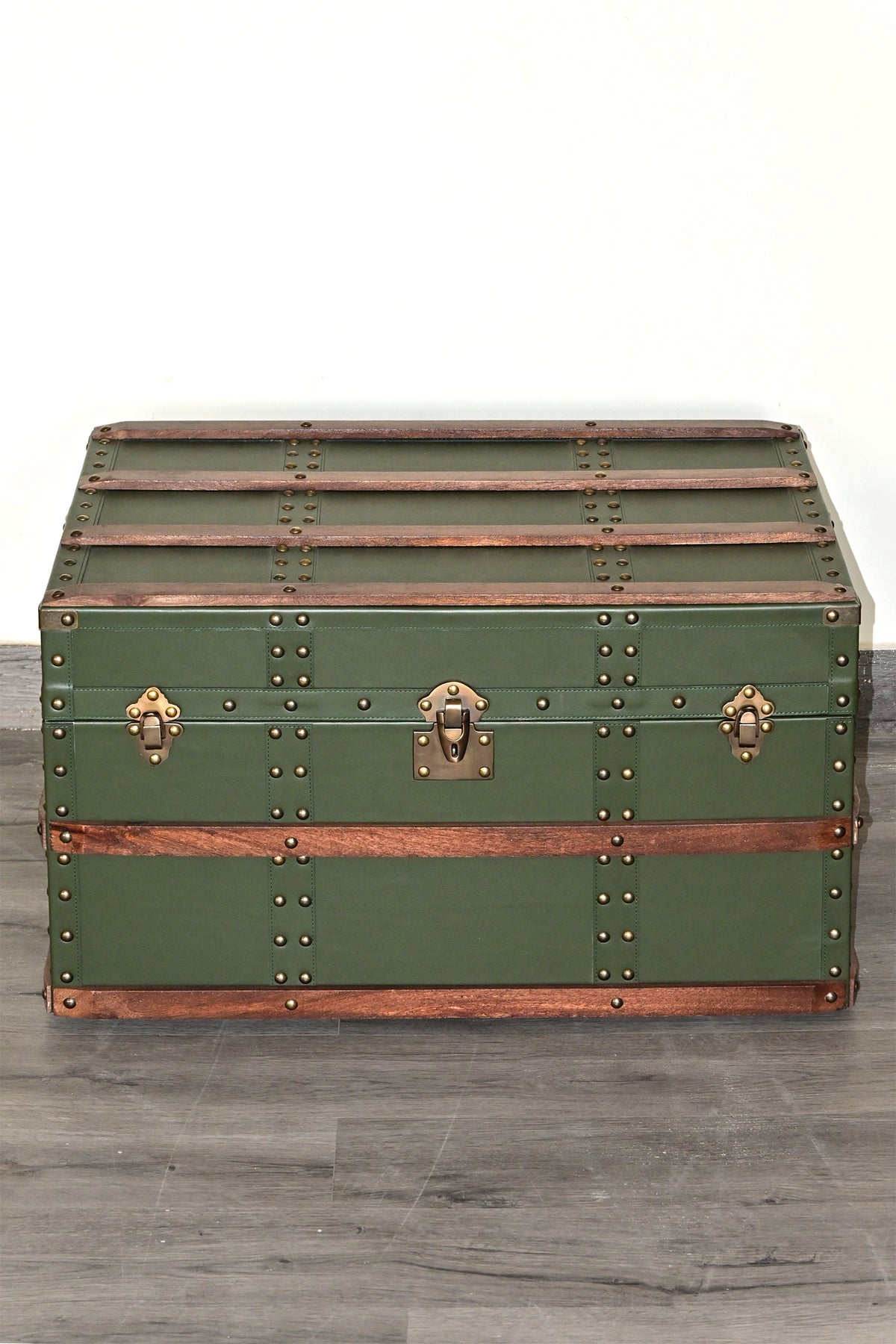 Front view of the leather trunk with central hasp and two side catches — Art Avenue