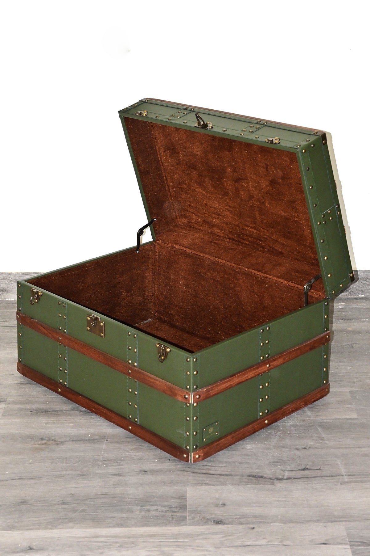 Open leather trunk with velvet suede lining on lid and base — Art Avenue