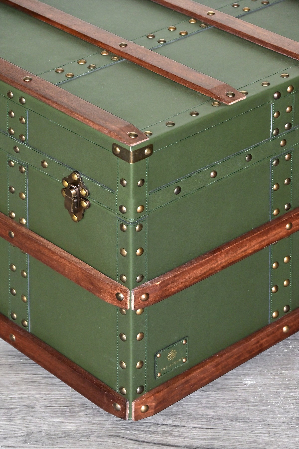 Close-up of the trunk corner with stitched straps, studs, catch and maker's label — Art Avenue