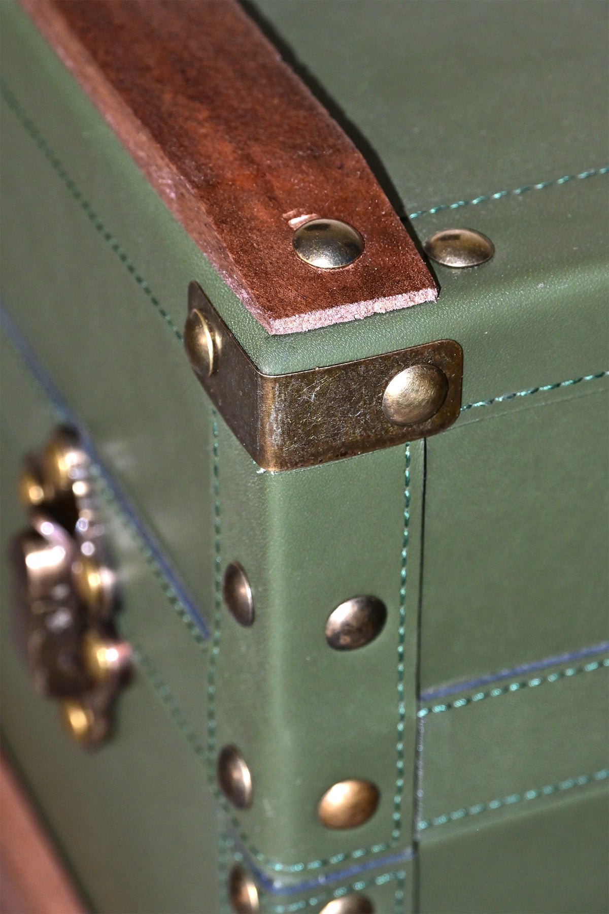 Macro of a metal corner cap and bevelled wood band on the leather trunk — Art Avenue
