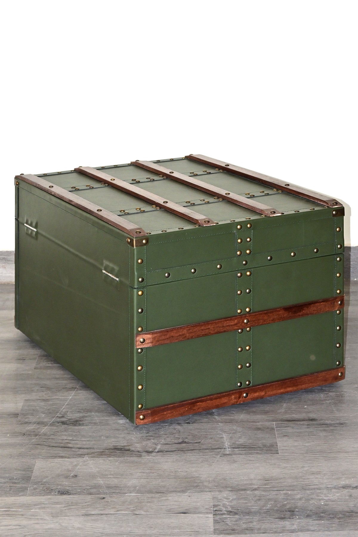 Side and rear view of the leather steamer trunk — Art Avenue