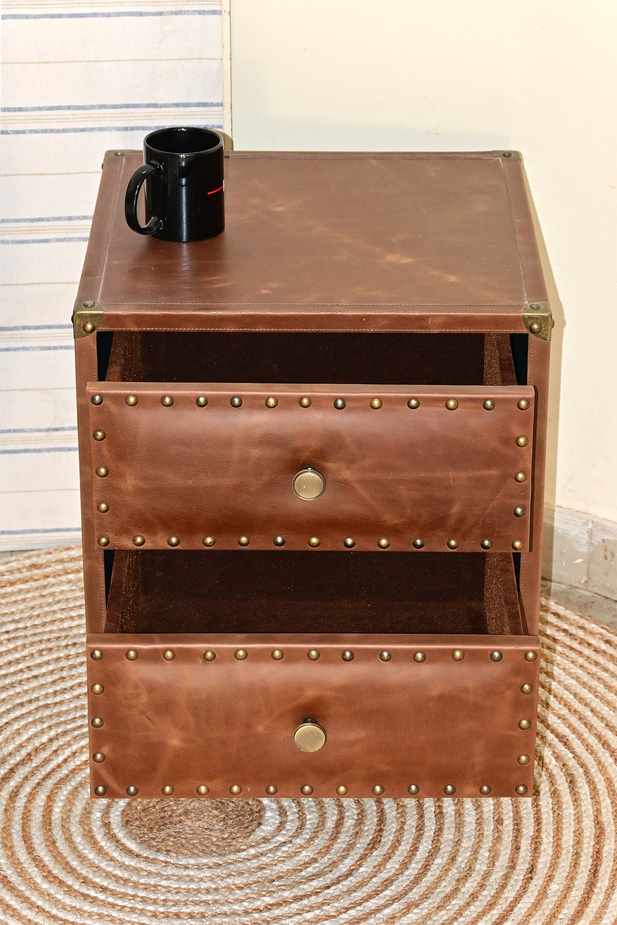Top view of Kishangarh bedside table with both drawers open, inset leather top, Art Avenue