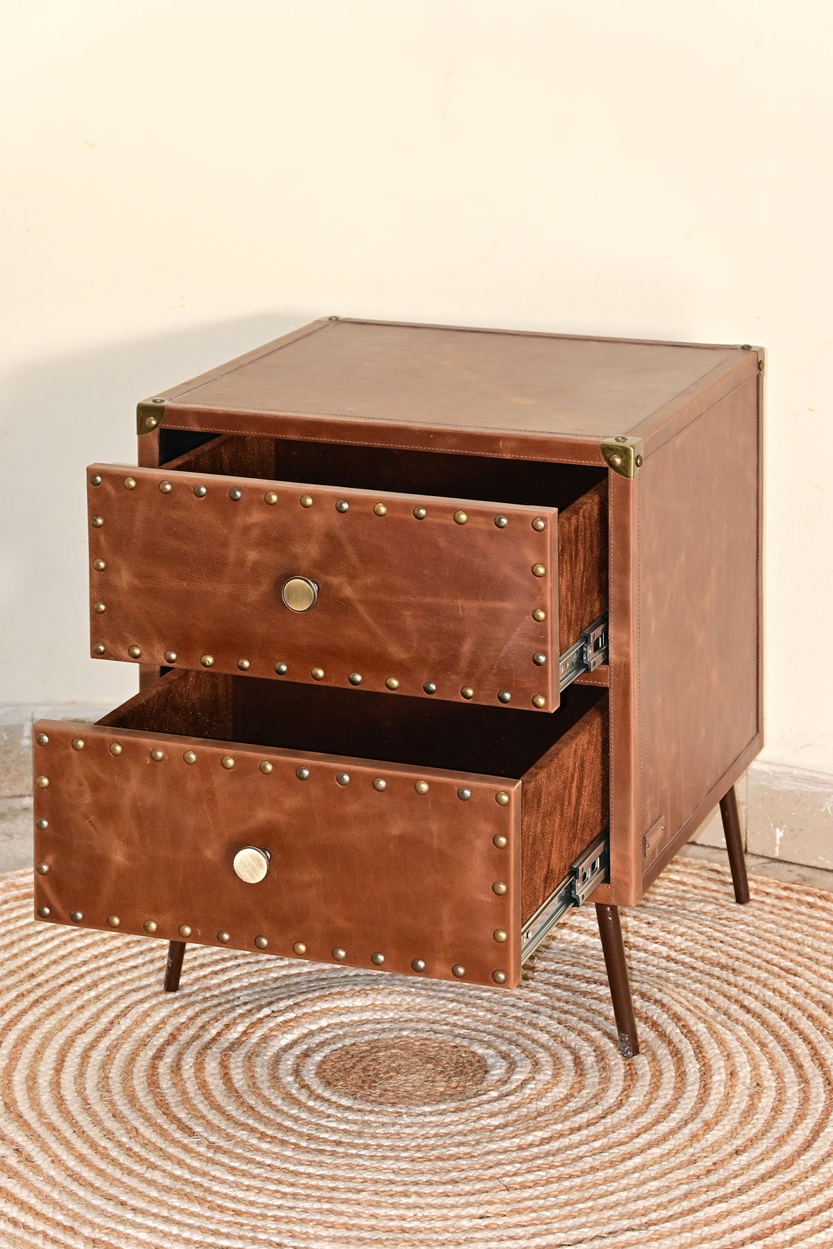 Kishangarh bedside table with both drawers open on soft-close runners, lined interiors, Art Avenue