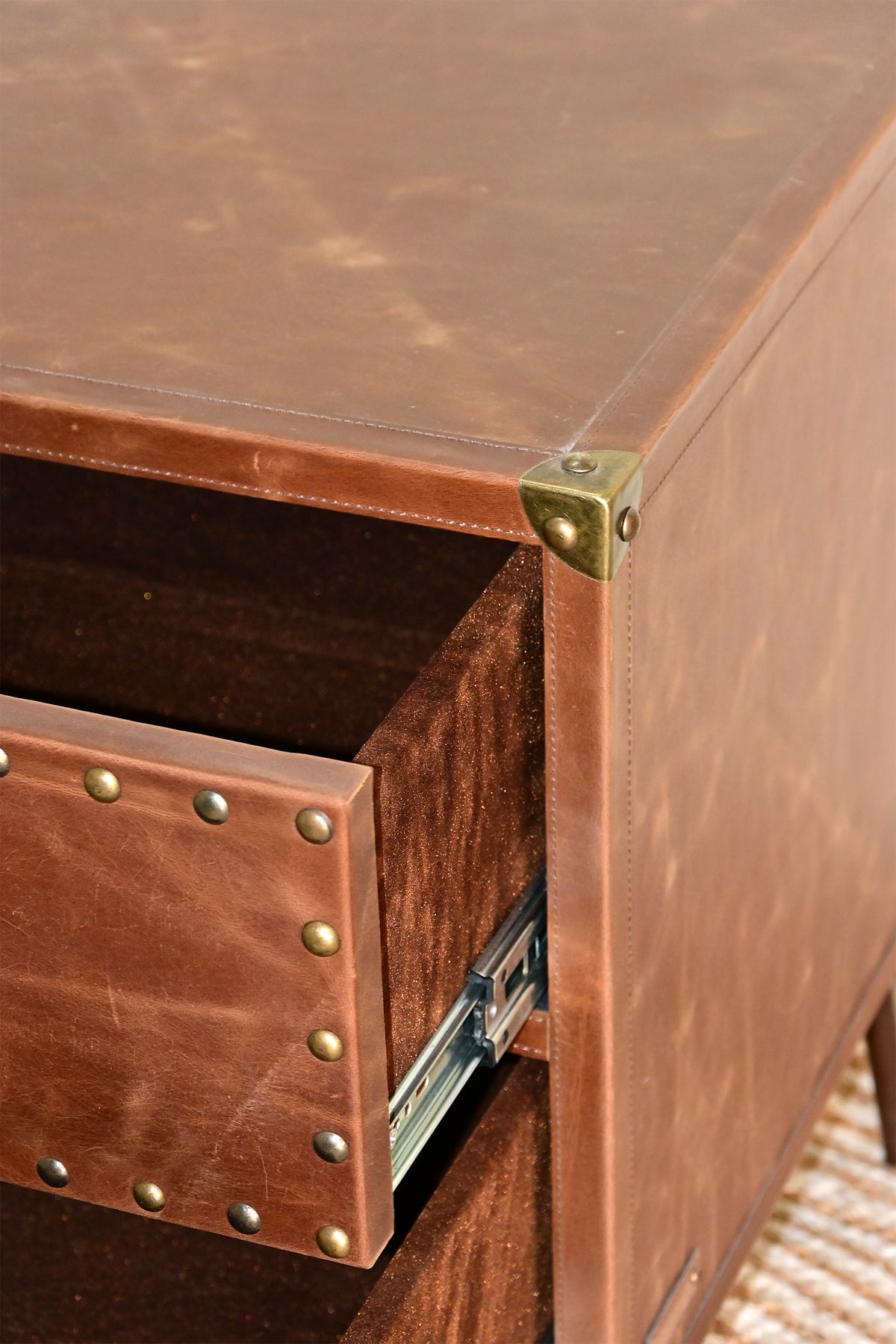 Detail of studded drawer front, lined drawer and soft-close runner, Kishangarh bedside table, Art Avenue