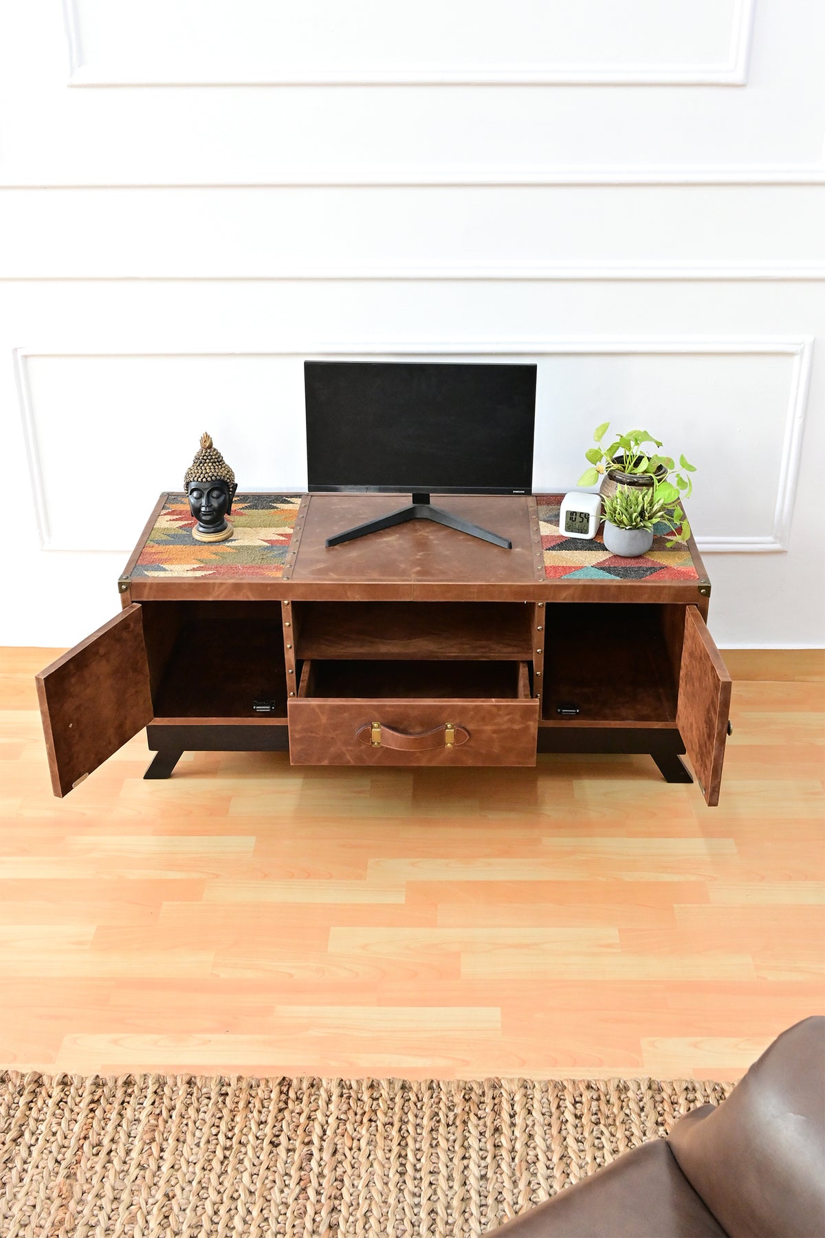 Karauli TV unit from above with both cupboard doors open and the drawer pulled out