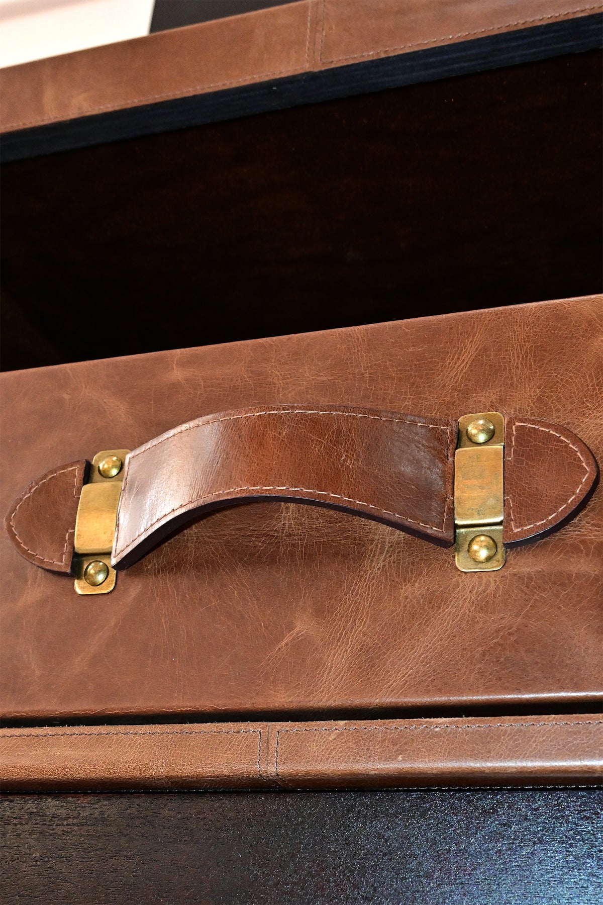 Detail of the stitched leather strap handle on brass mounts