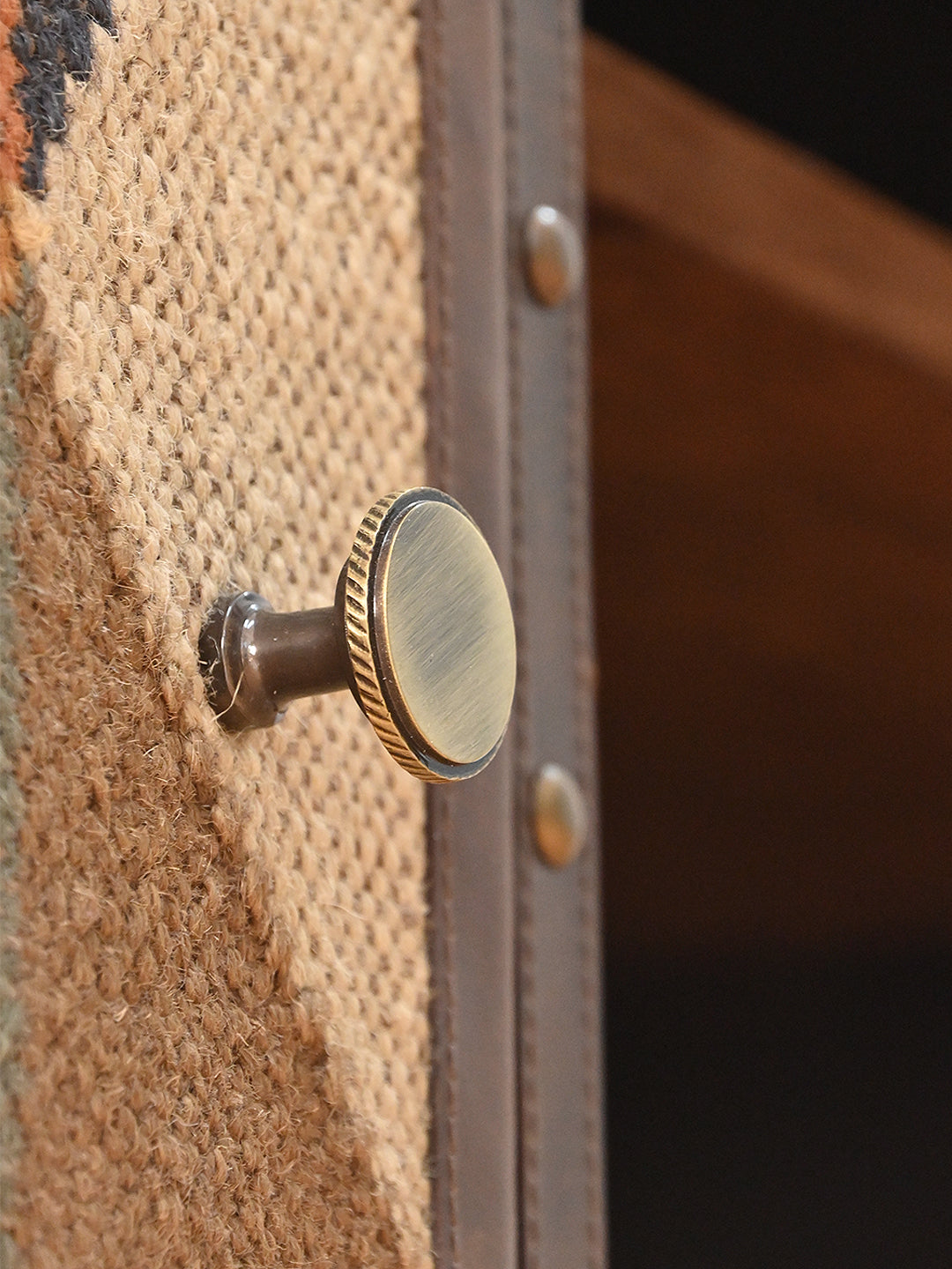 Knurled brass knob on a kilim-panelled cupboard door of the Mukundgarh TV unit