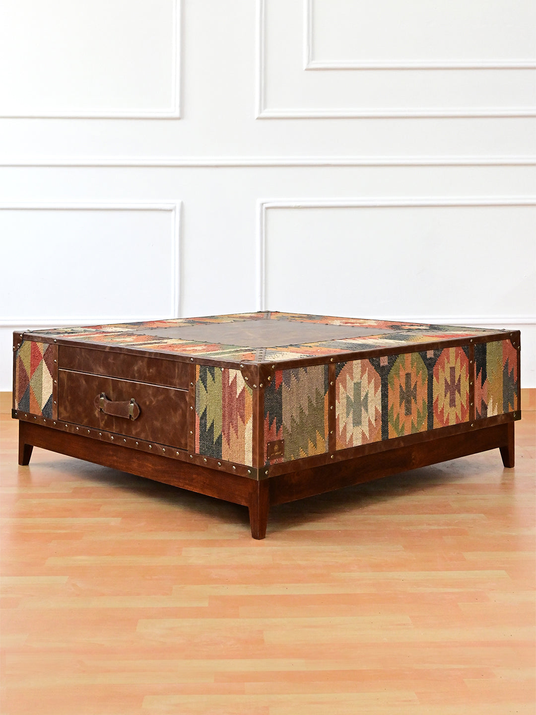 Mandawa 120 cm kilim and leather coffee table from the opposite corner, drawer and kilim faces, Art Avenue